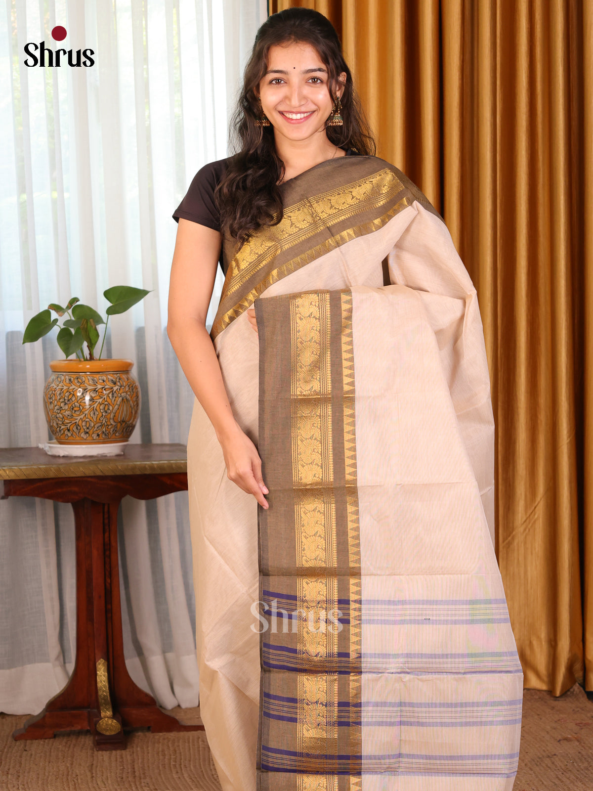 Cream with Grey - DDS09151 - Chettinad Cotton Saree - Shop on Shrus.com