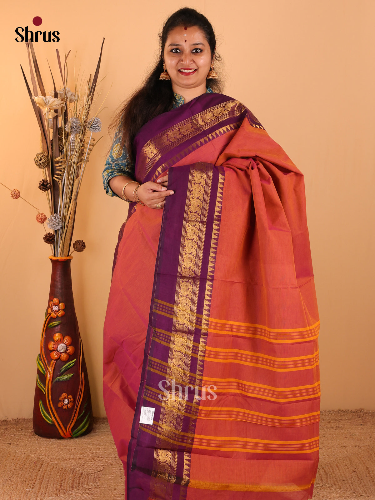 Dual Tone Orange with Purple - Chettinad Cotton saree - DDS09155 - Shop on Shrus.com