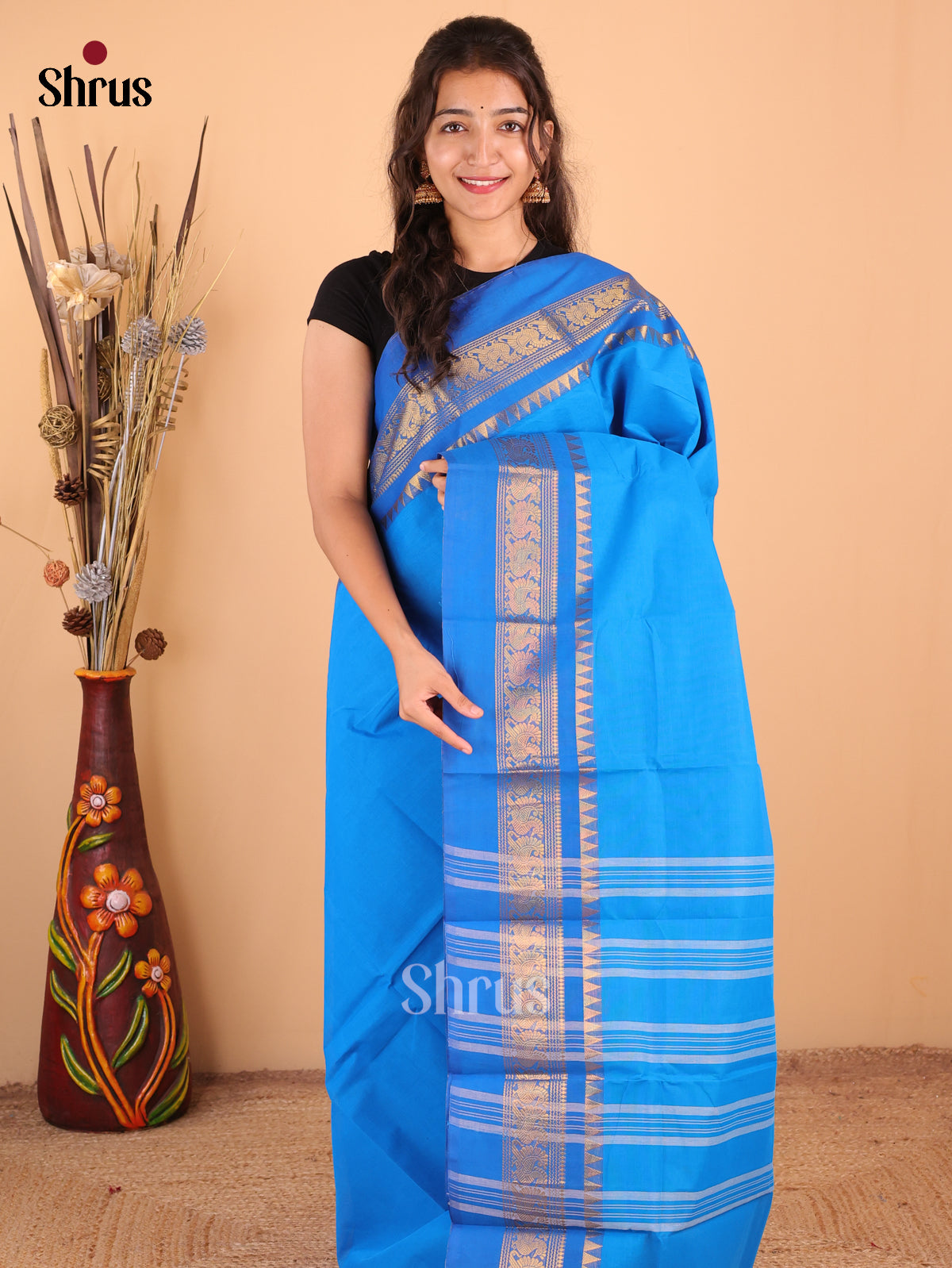 Blue - Chettinad Cotton Saree - DDS09158 - Shop on Shrus.com