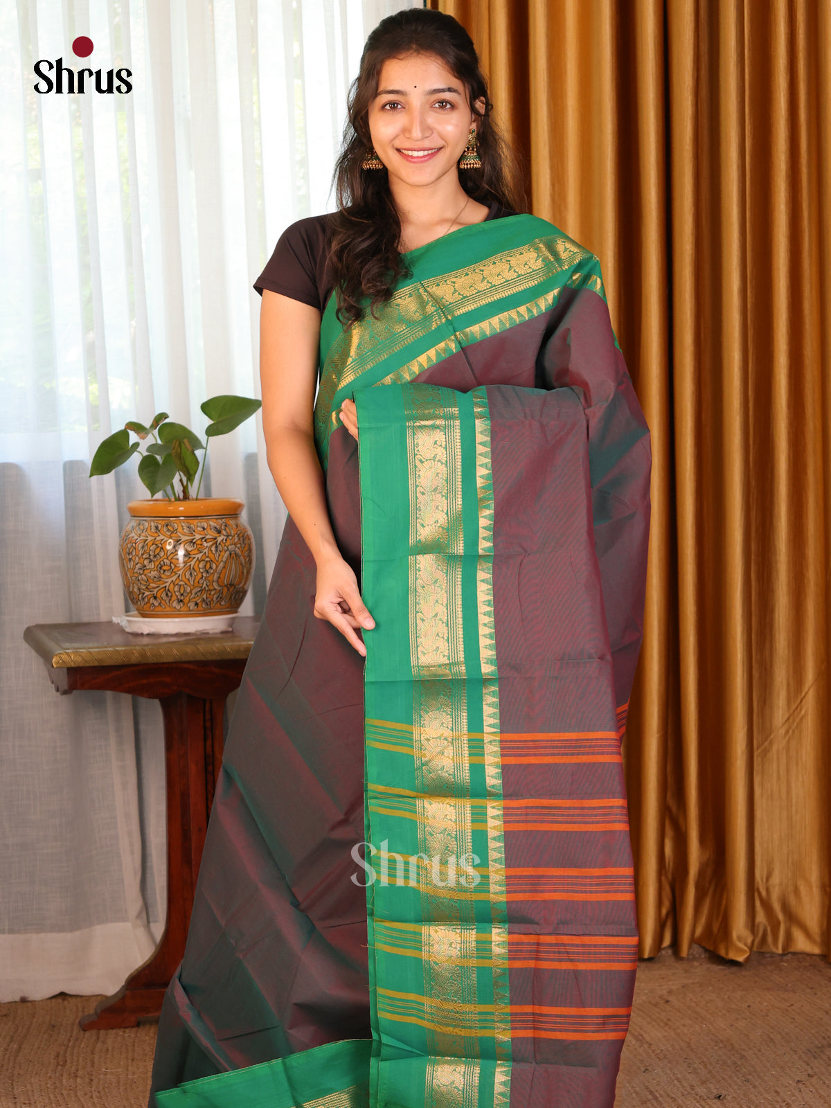 Green with maroon - Chettinad Cotton Saree - DDS09159 - Shop on Shrus.com