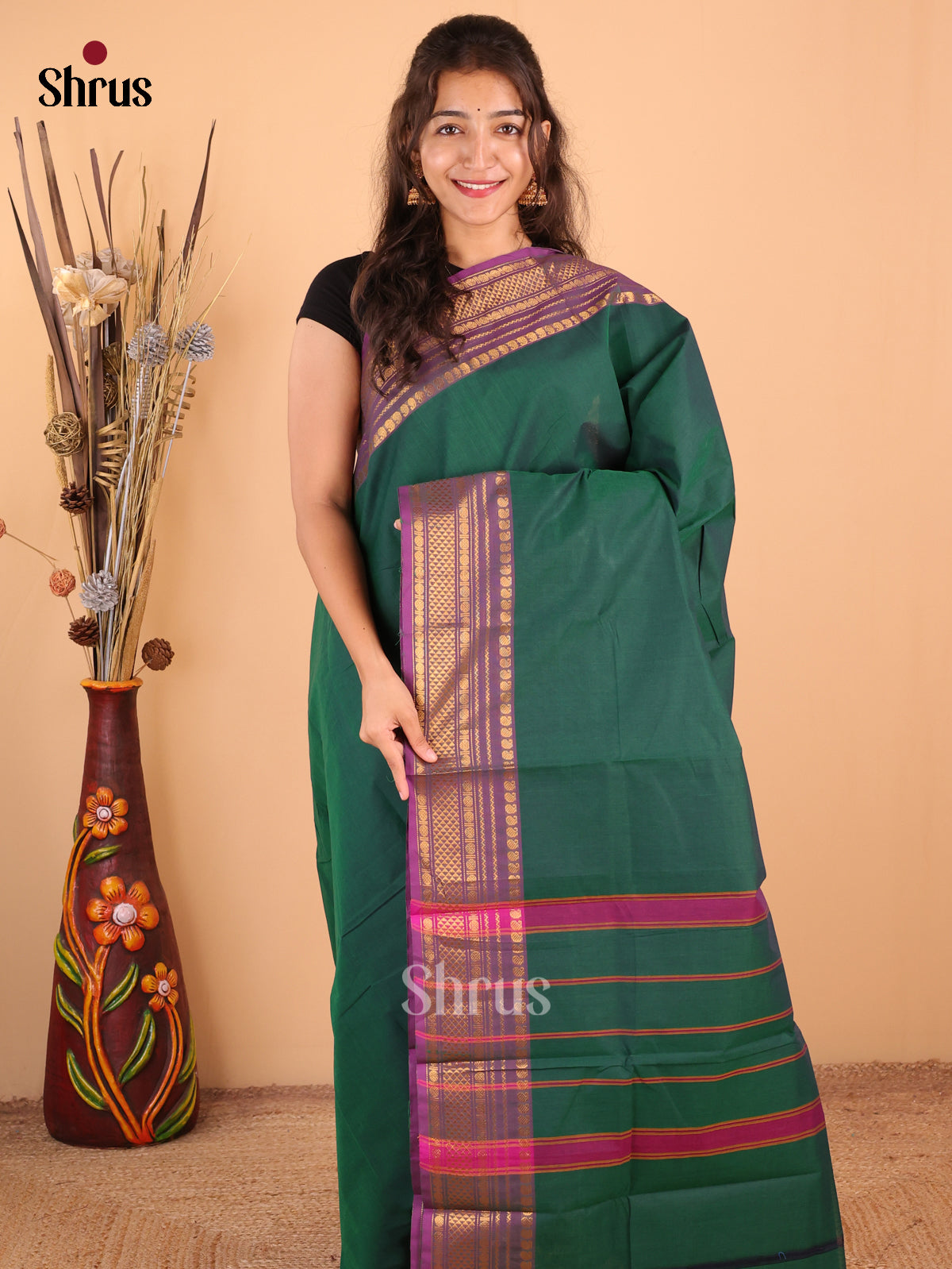 Bottle Green with Purple - Chettinad Cotton Saree - DDS09160 - Shop on Shrus.com