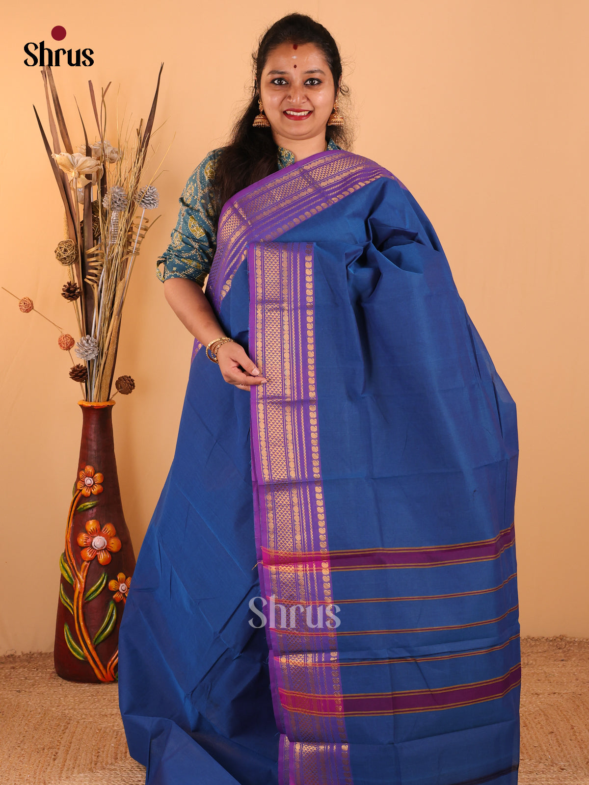Rama Blue with Purple - Chettinad Cotton saree - DDS09161 - Shop on Shrus.com