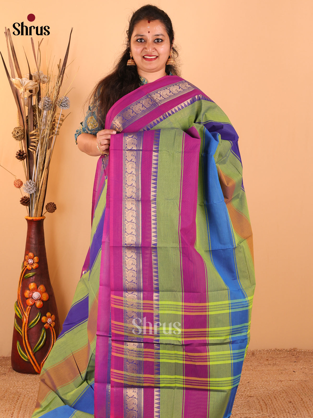Dual Tone Green with Royal Blue & purple - Chettinad Cotton saree - DDS09163 - Shop on Shrus.com