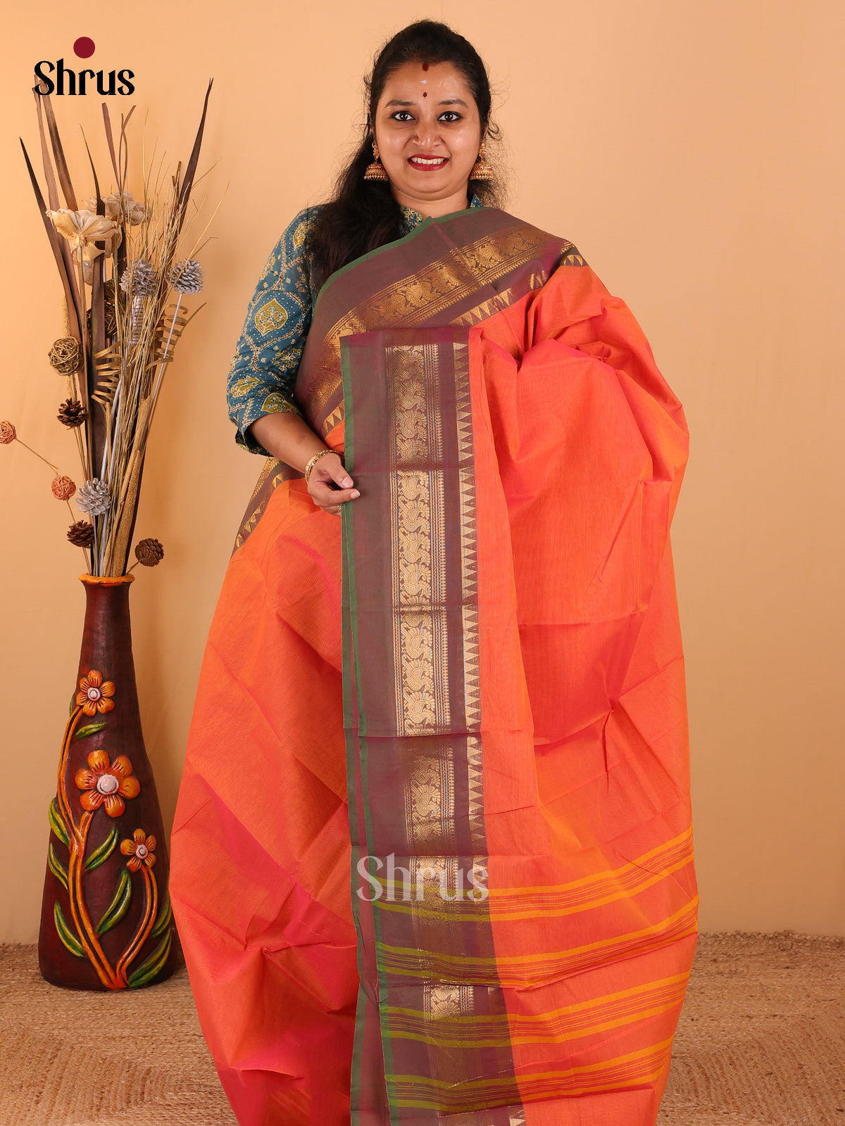Dual tone Orange with Green - Chettinad Cotton saree - DDS09164 - Shop on Shrus.com