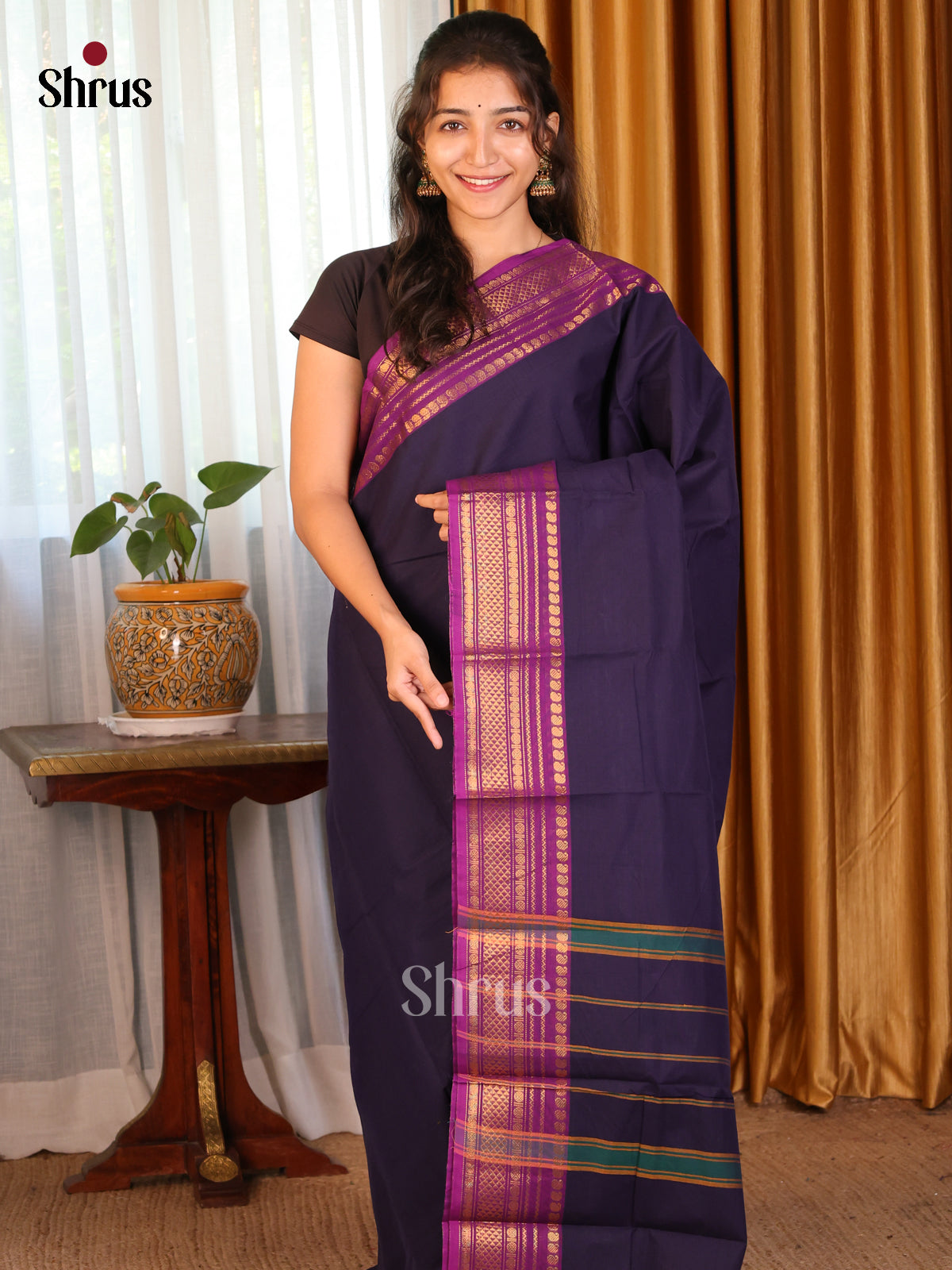 Violet with Purple - DDS09165 - Chettinad Cotton Saree - Shop on Shrus.com
