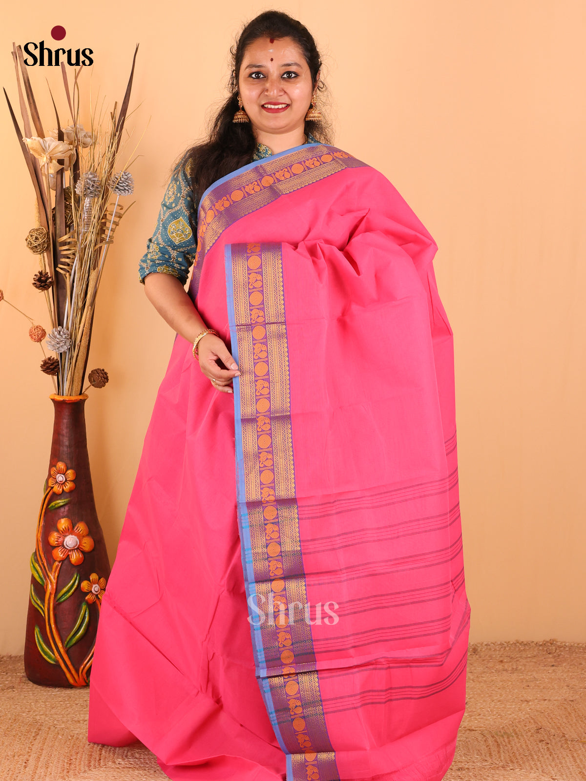 Pink with purple - Chettinad Cotton saree - DDS09166 - Shop on Shrus.com