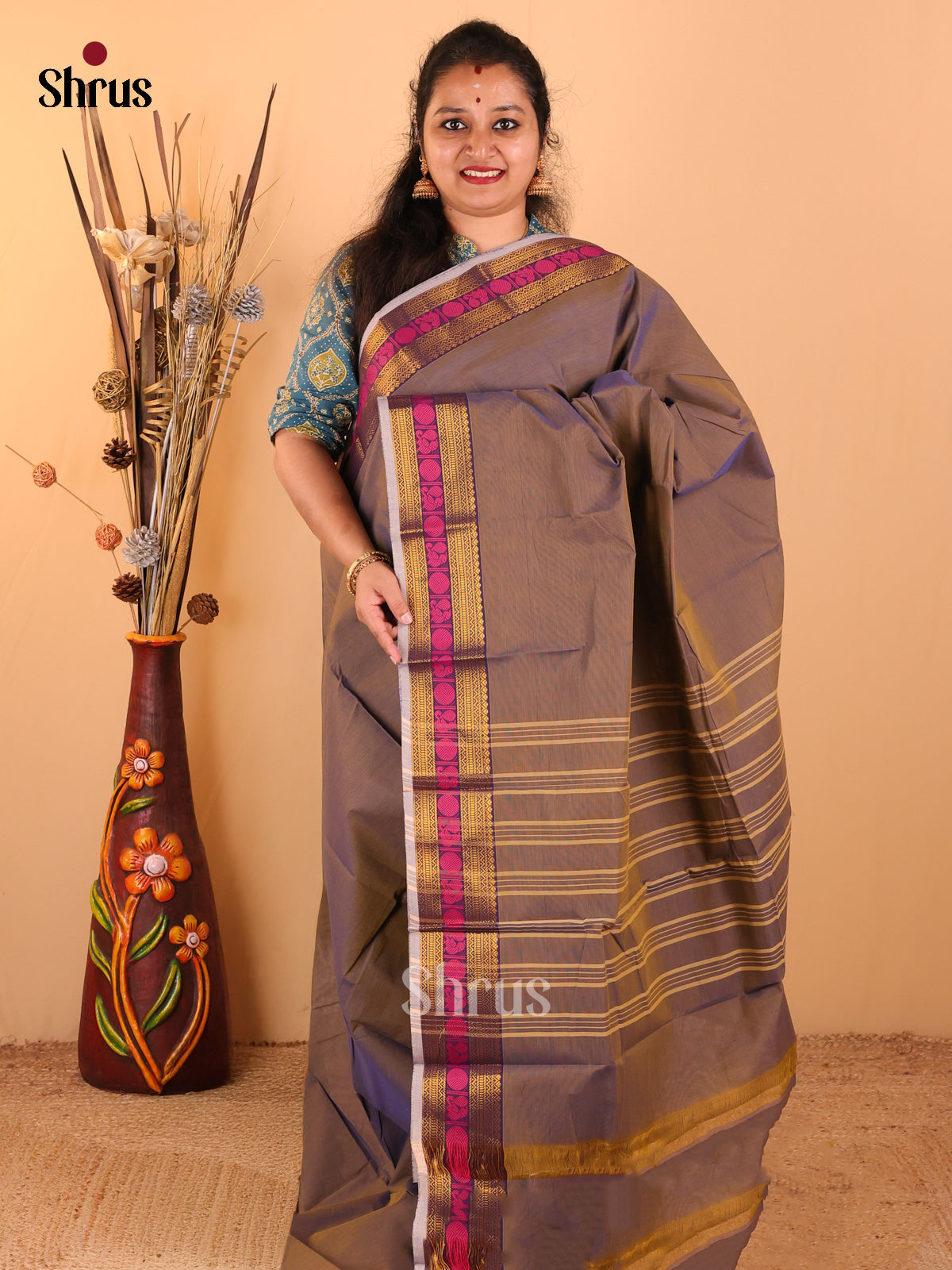 Dual Tone Navy blue with Brown - Chettinad Cotton saree - DDS09167 - Shop on Shrus.com