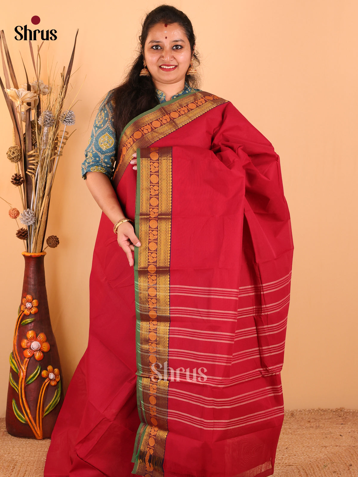 Maroon with Green - Chettinad Cotton saree - DDS09169 - Shop on Shrus.com