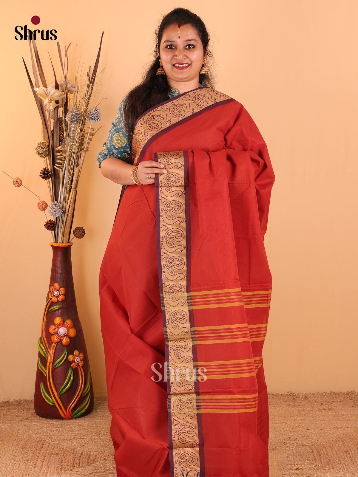 Rust with Navy Blue - Chettinad Cotton saree - DDS09176 - Shop on Shrus.com