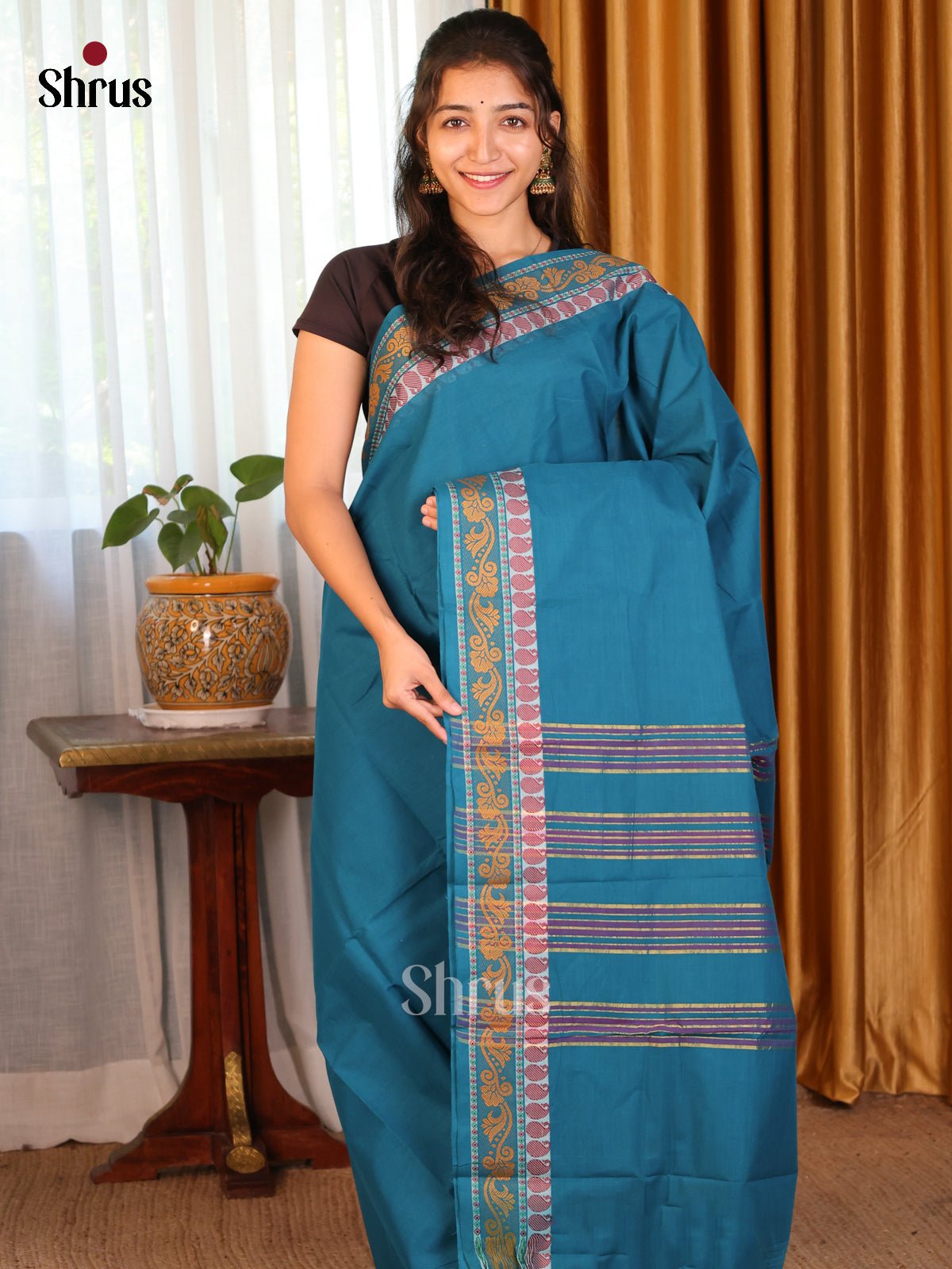 Blue - DDS09177 - Chettinad Cotton Saree - Shop on Shrus.com