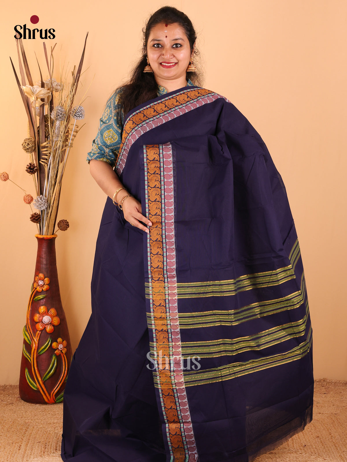 Blue - DDS09178 - Chettinad Cotton Saree - Shop on Shrus.com