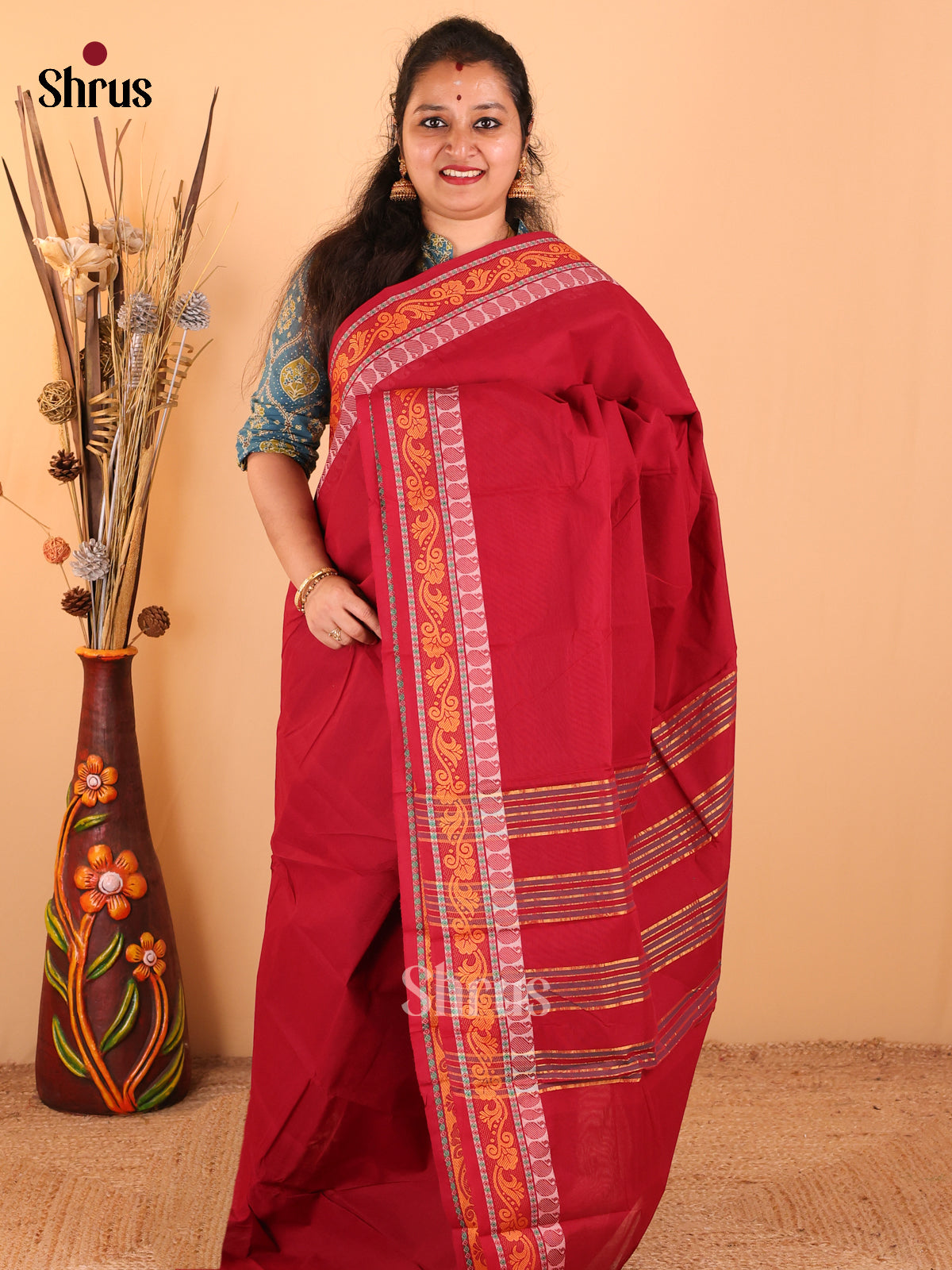 Maroon with Orange - Chettinad Cotton saree - DDS09179 - Shop on Shrus.com