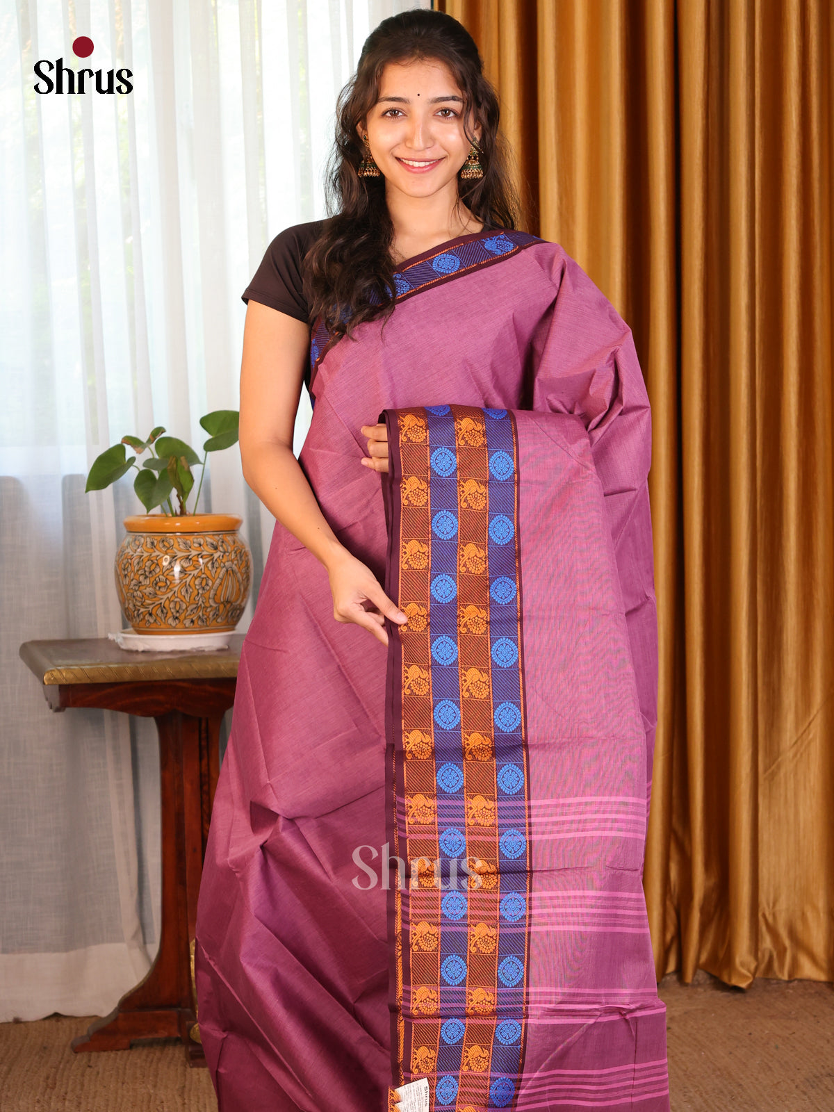 Onion Pink with Maroon - DDS09182 - Chettinad Cotton Saree - Shop on Shrus.com