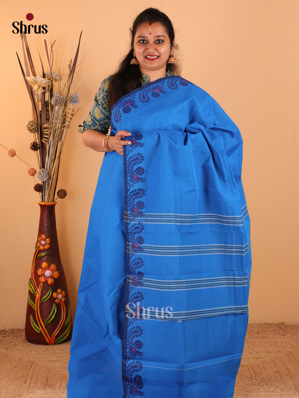 Rama Blue with Navy blue - Chettinad Cotton saree - DDS09184 - Shop on Shrus.com
