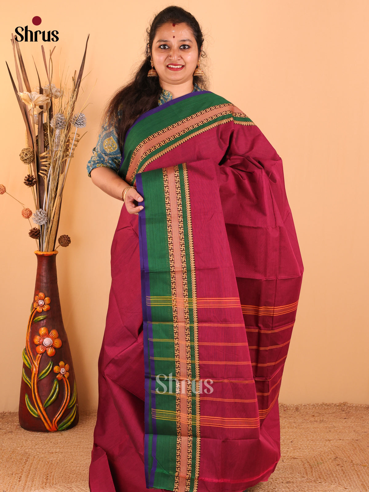 Dark pink with Green - Chettinad Cotton saree - DDS09186 - Shop on Shrus.com