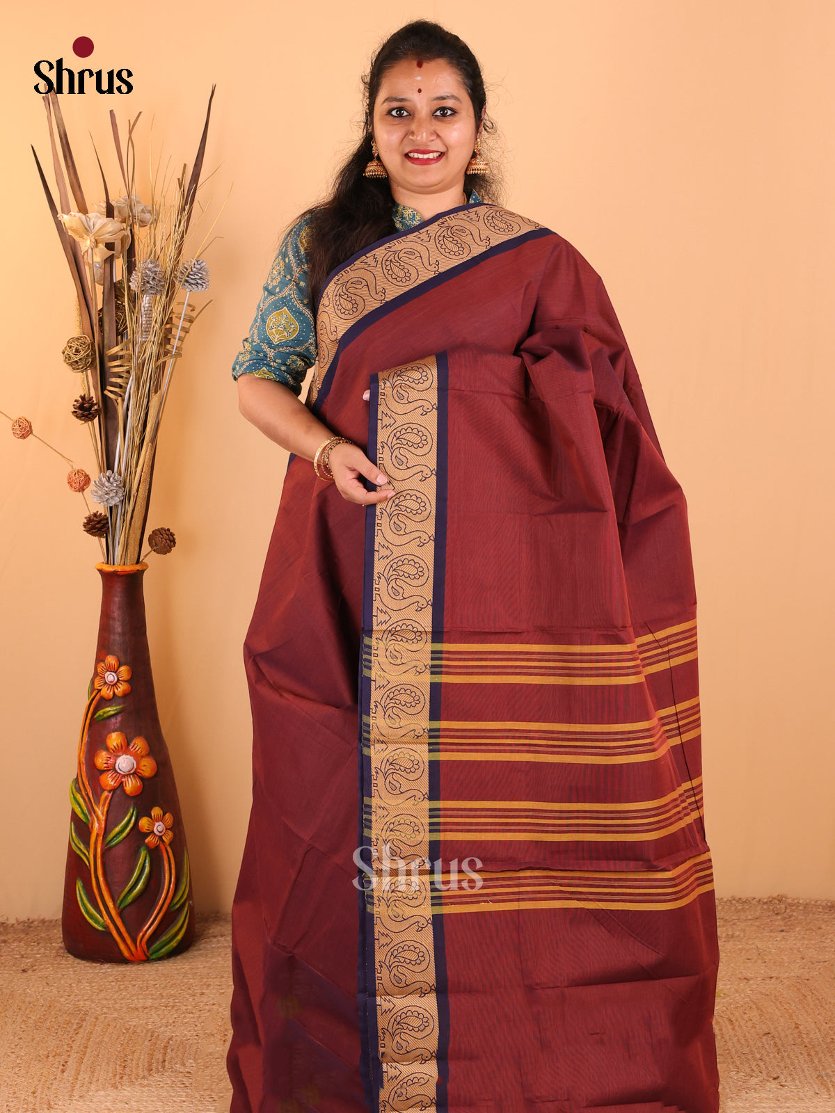 Dual Tone Brown with Navy Blue - Chettinad Cotton saree - DDS09187 - Shop on Shrus.com