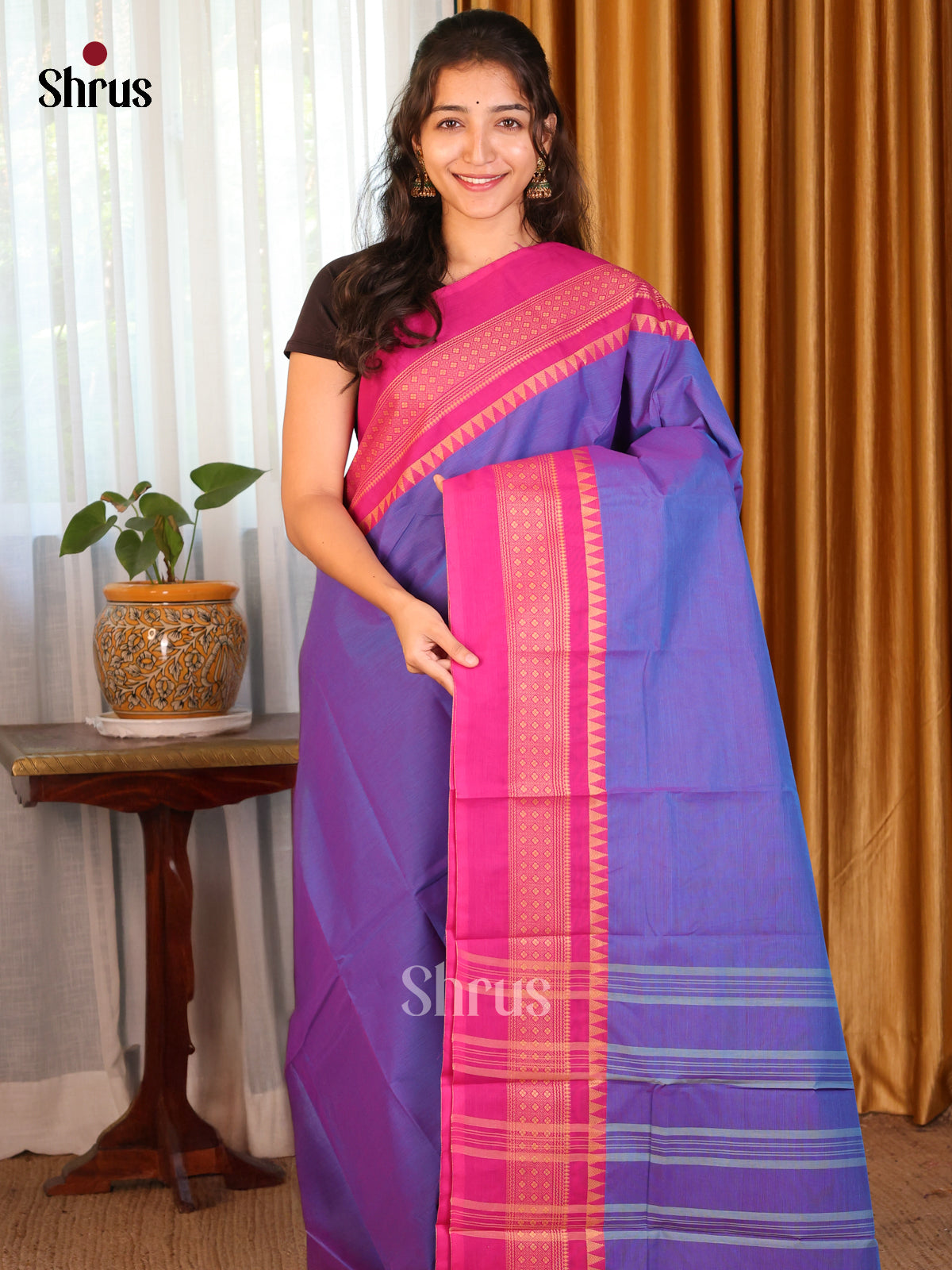 Purple with Pink - DDS09188 - Chettinad Cotton Saree - Shop on Shrus.com