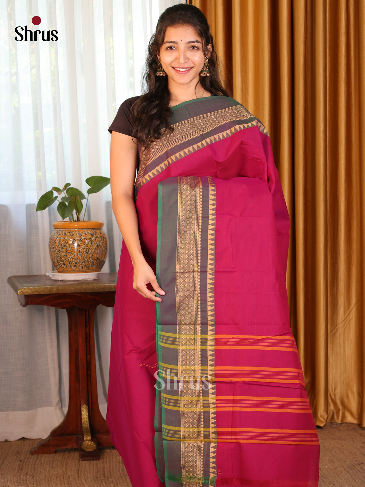 Pink with Green - DDS09190 - Chettinad Cotton Saree - Shop on Shrus.com