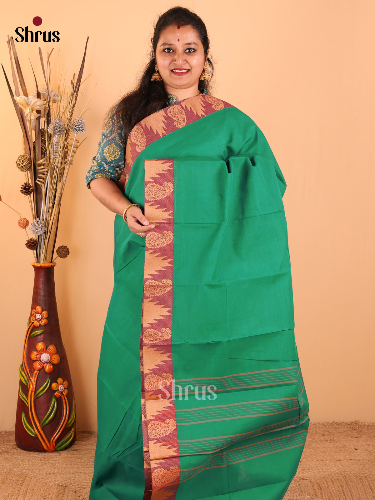 Teal Green with Maroon - Chettinad Cotton saree - DDS09191 - Shop on Shrus.com