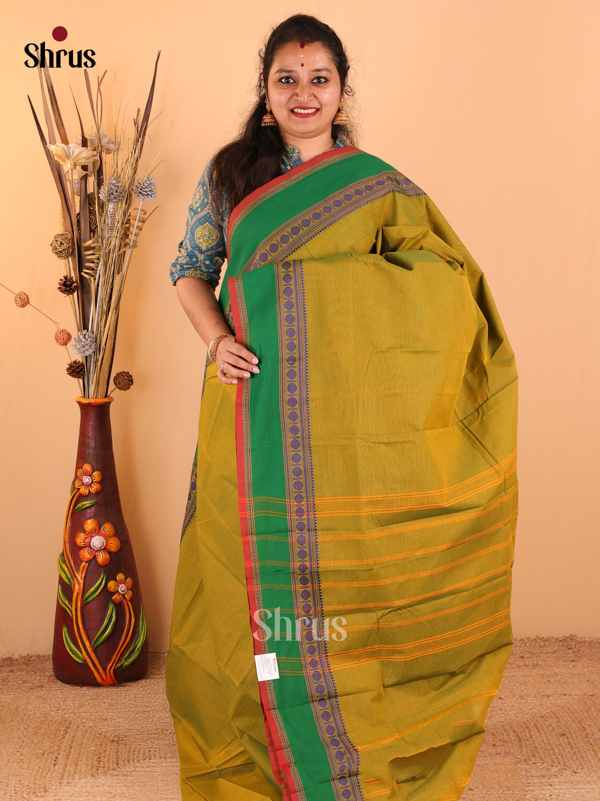 Dual tone Mustard yellow with Green - Chettinad Cotton saree - DDS09193 - Shop on Shrus.com