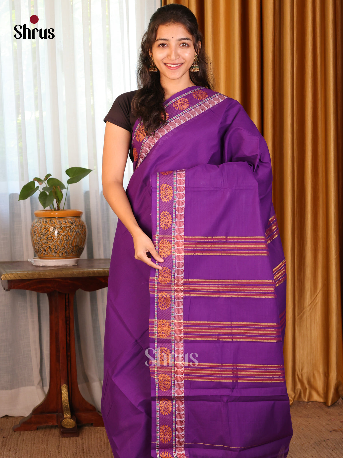 Purple - DDS09195 - Chettinad Cotton Saree - Shop on Shrus.com