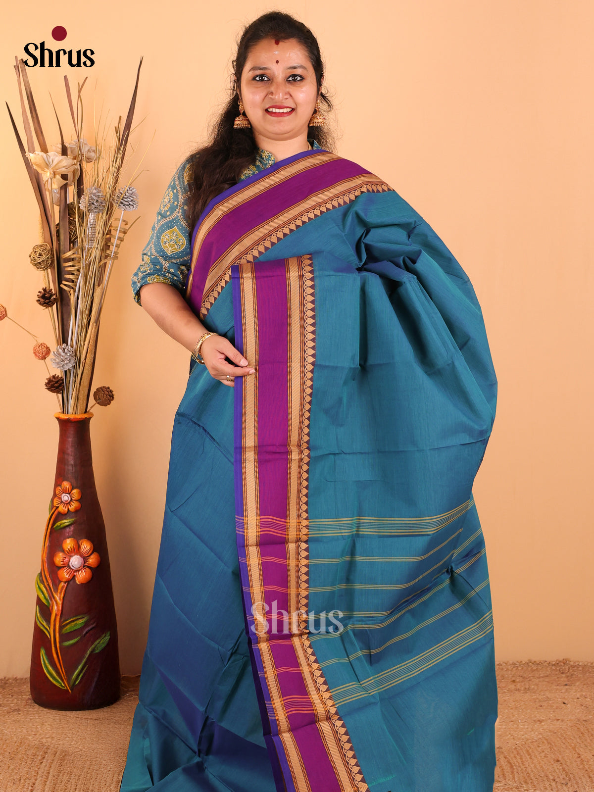 Peacock Blue with Purple - Chettinad Cotton saree - DDS09198 - Shop on Shrus.com