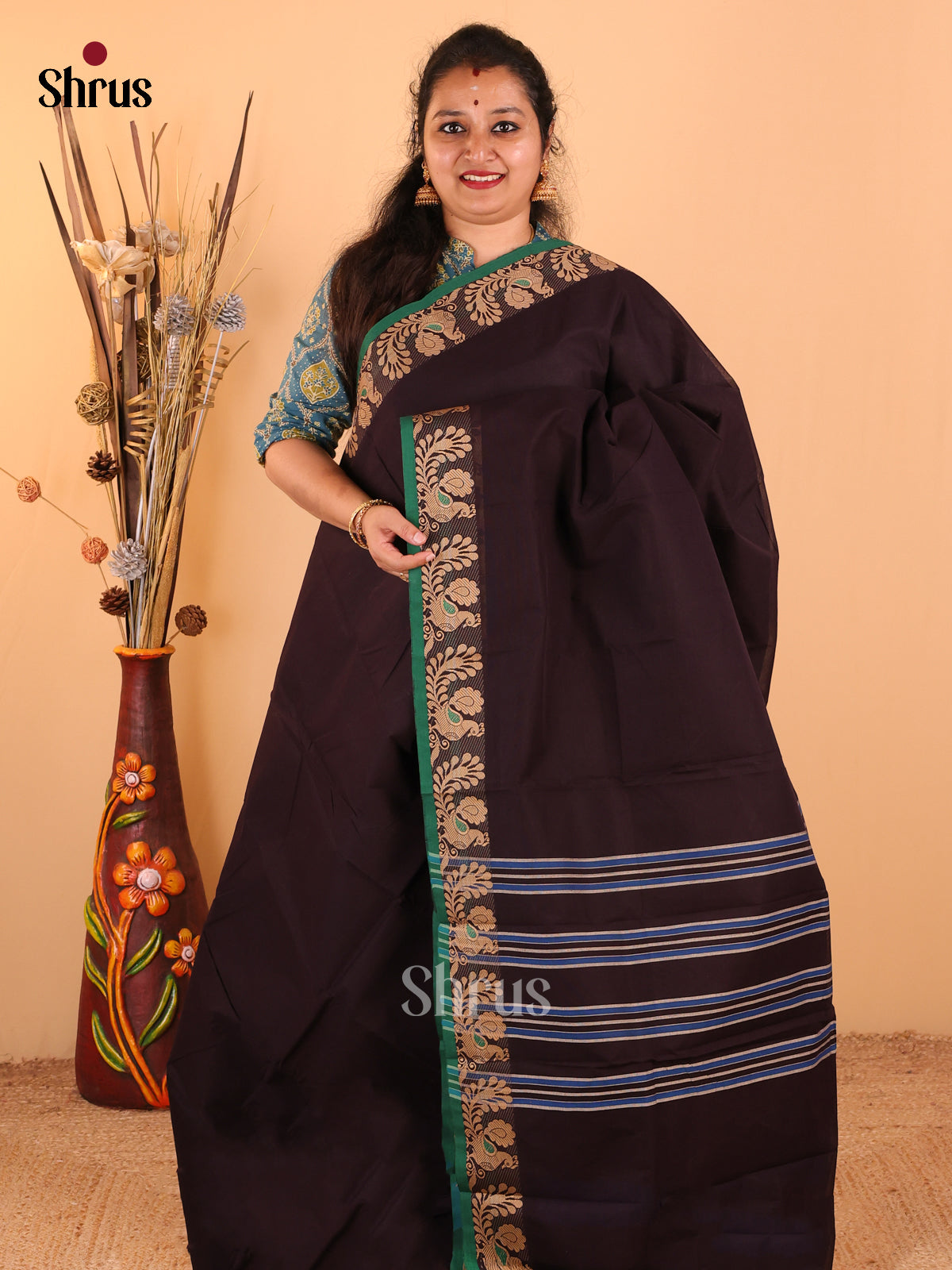 Dark Brown with Green - Chettinad Cotton saree - DDS09204 - Shop on Shrus.com