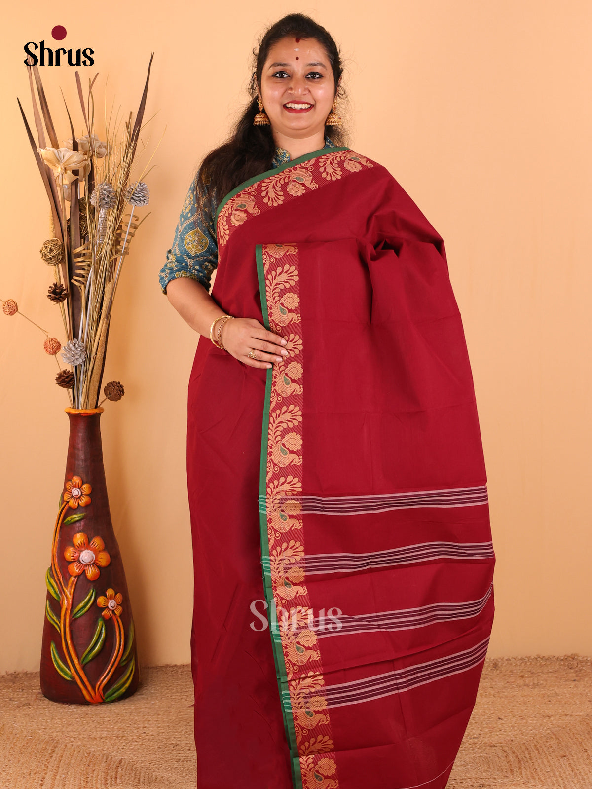 Maroon with Green - Chettinad Cotton saree - DDS09205 - Shop on Shrus.com