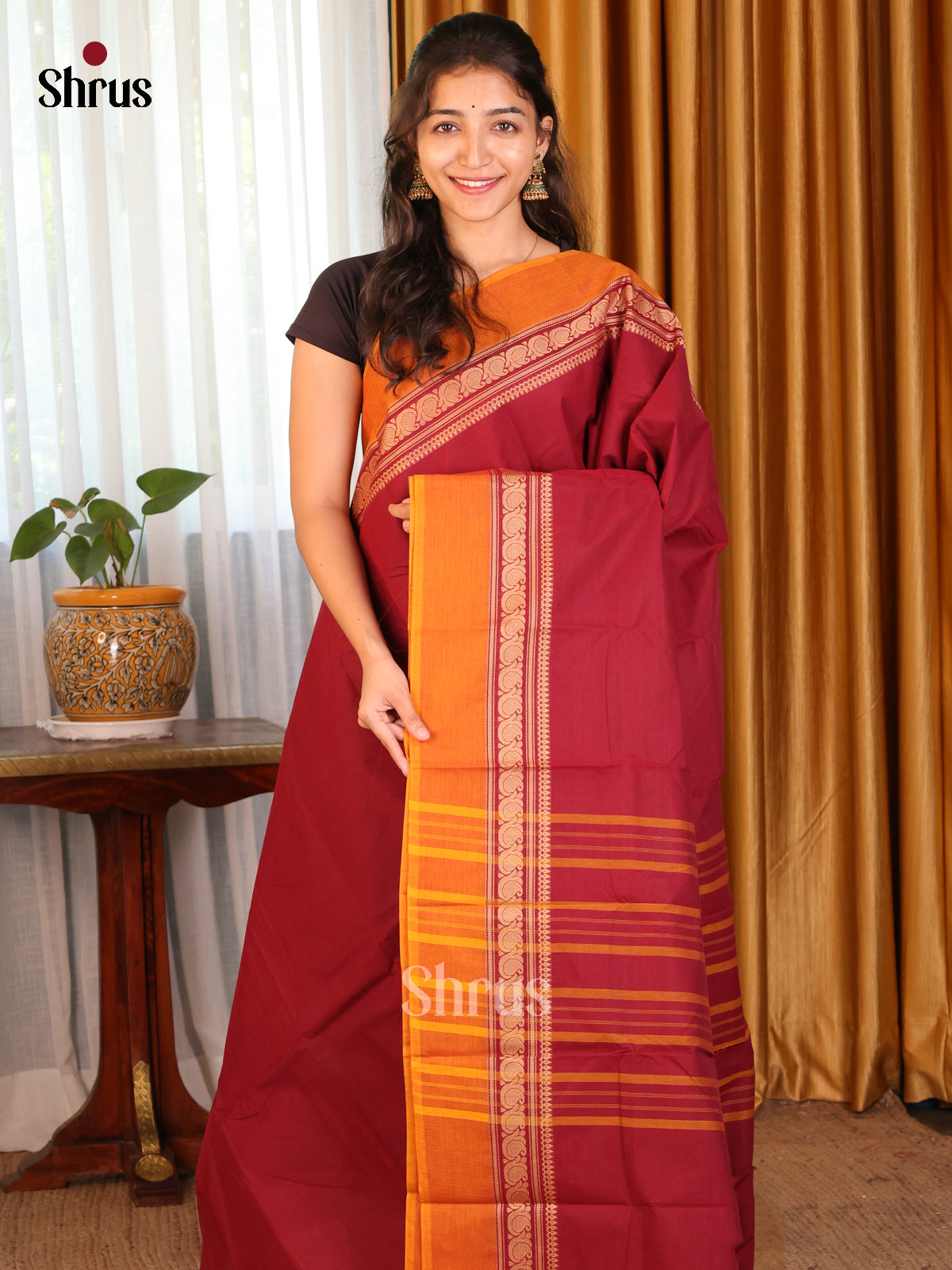 Maroon with Orange- DDS09208 - Chettinad Cotton Saree - Shop on Shrus.com