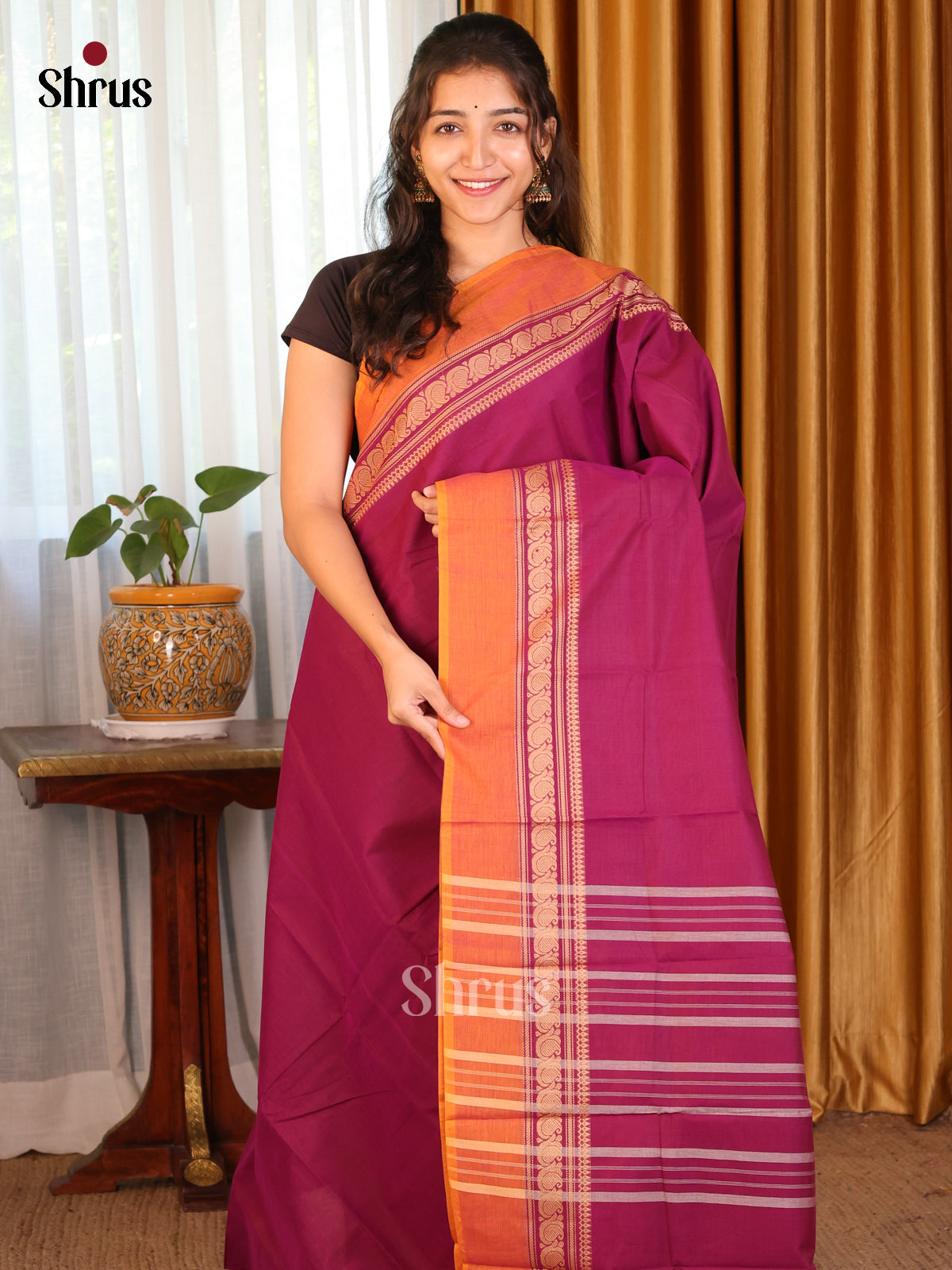 Purple with Orange - DDS09209 - Chettinad Cotton Saree - Shop on Shrus.com