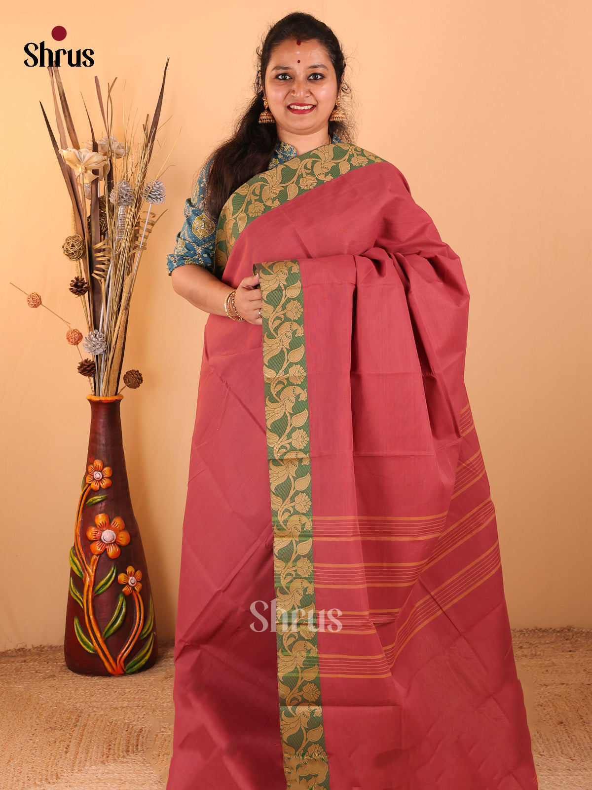 Daek onion pink with Green - Chettinad Cotton saree - DDS09210 - Shop on Shrus.com