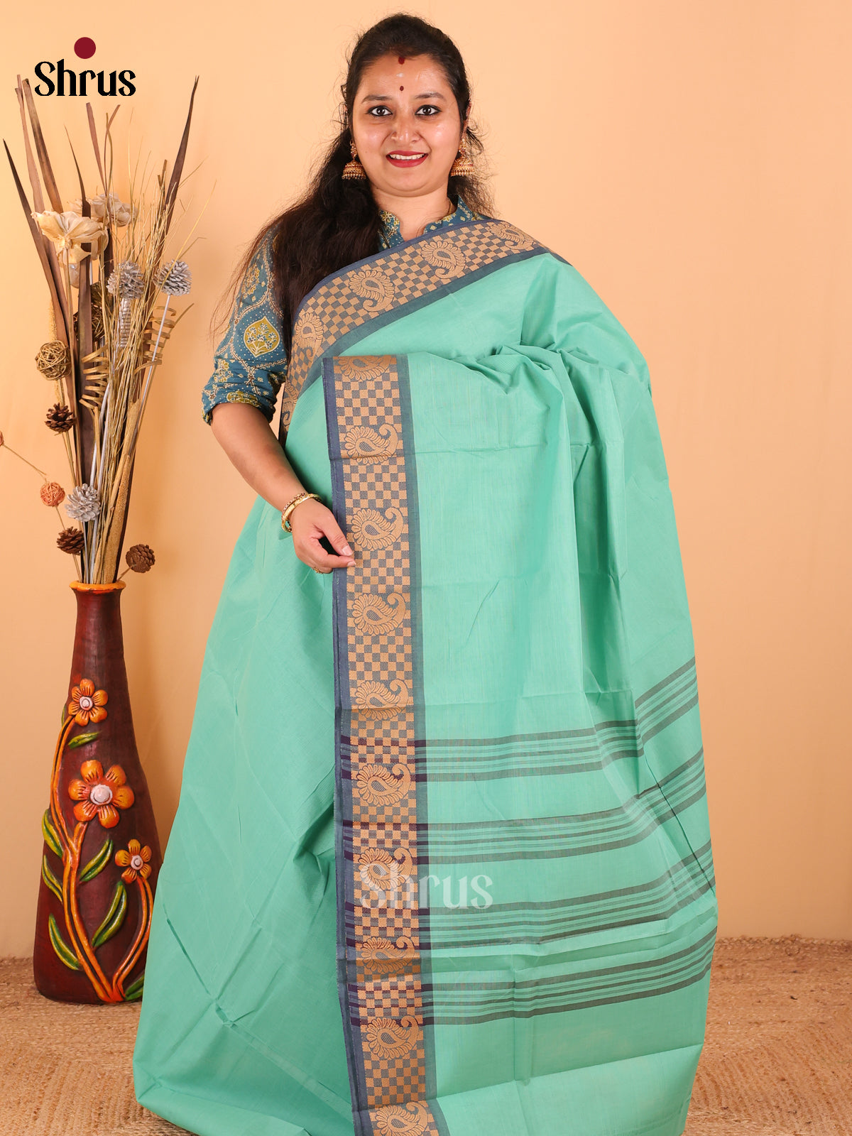 Pastel Green with Peacock blue - Chettinad Cotton saree - DDS09214 - Shop on Shrus.com