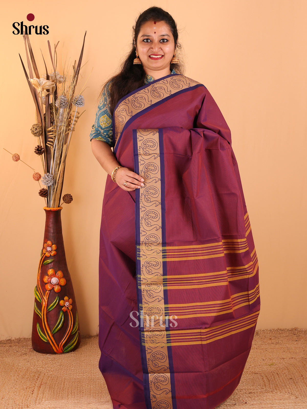 Dual Tone Brown with Navy blue - Chettinad Cotton saree - DDS09215 - Shop on Shrus.com