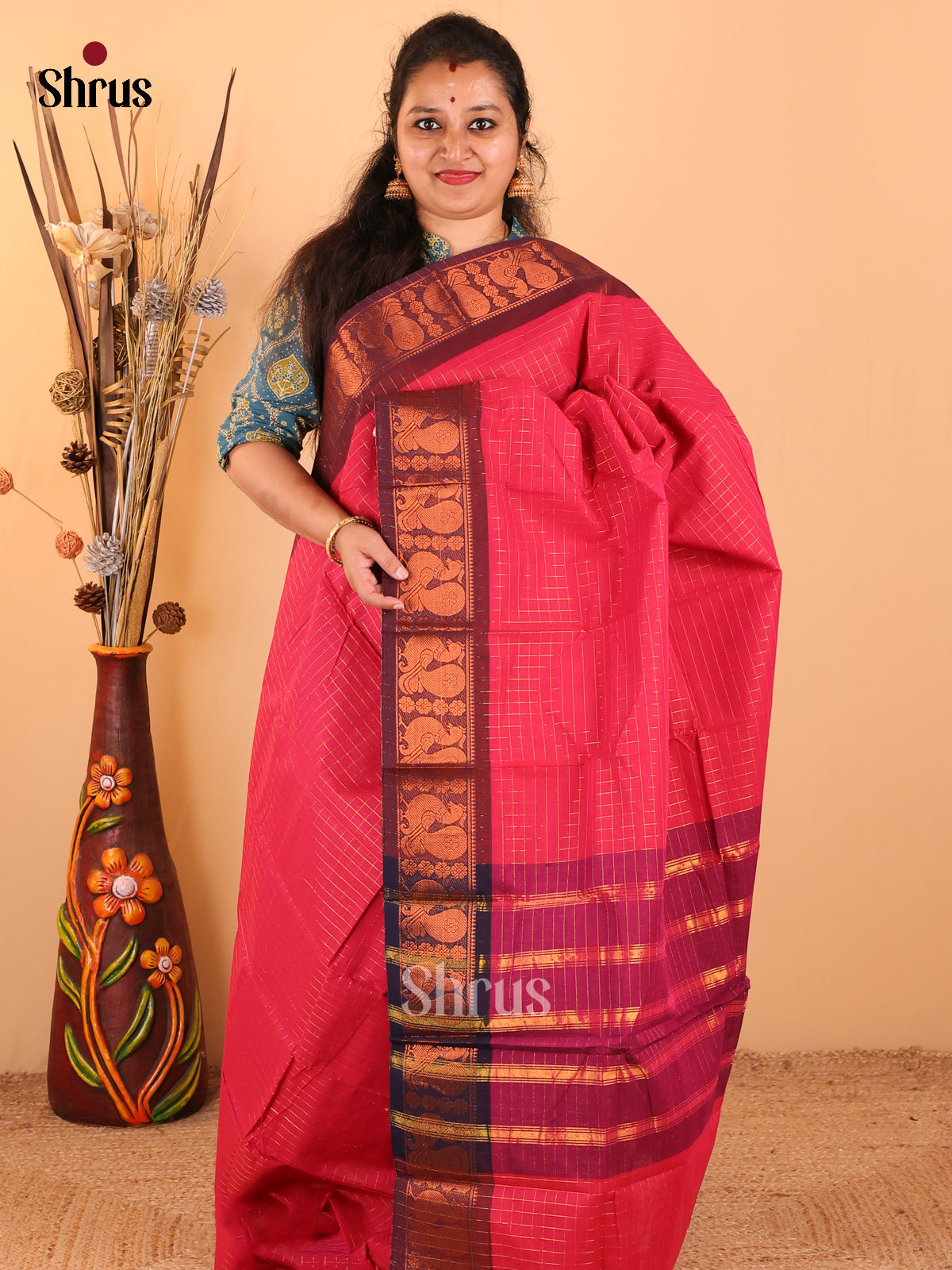 Redish Pink with Navy Blue - Chettinad Cotton saree - DDS09216 - Shop on Shrus.com