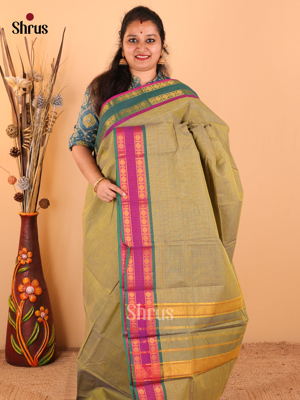 Lime yellow with Pink & peacock blue - Chettinad Cotton saree - DDS09223 - Shop on Shrus.com