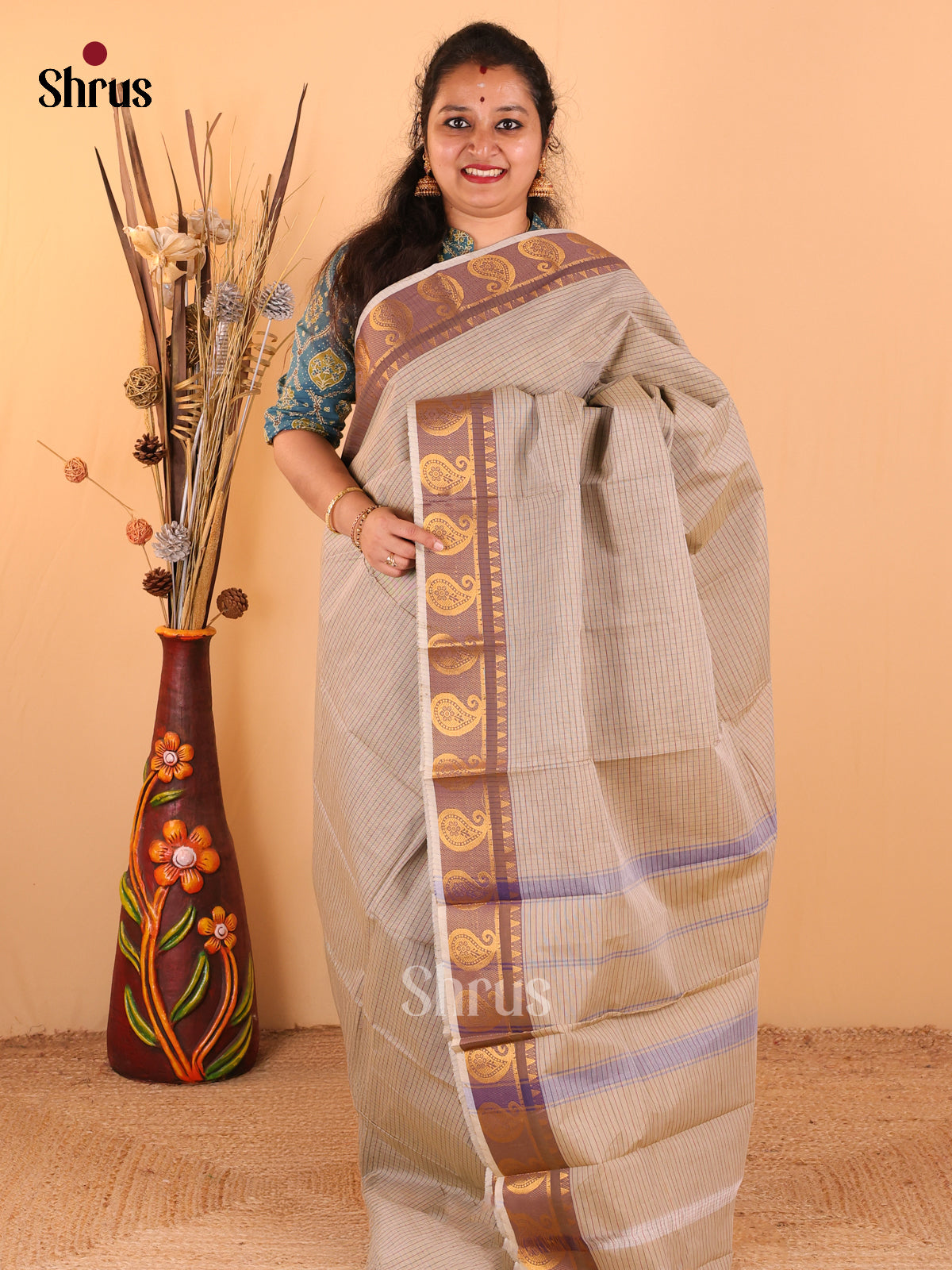 Grey with Navy Blue - Chettinad Cotton saree - DDS09226 - Shop on Shrus.com