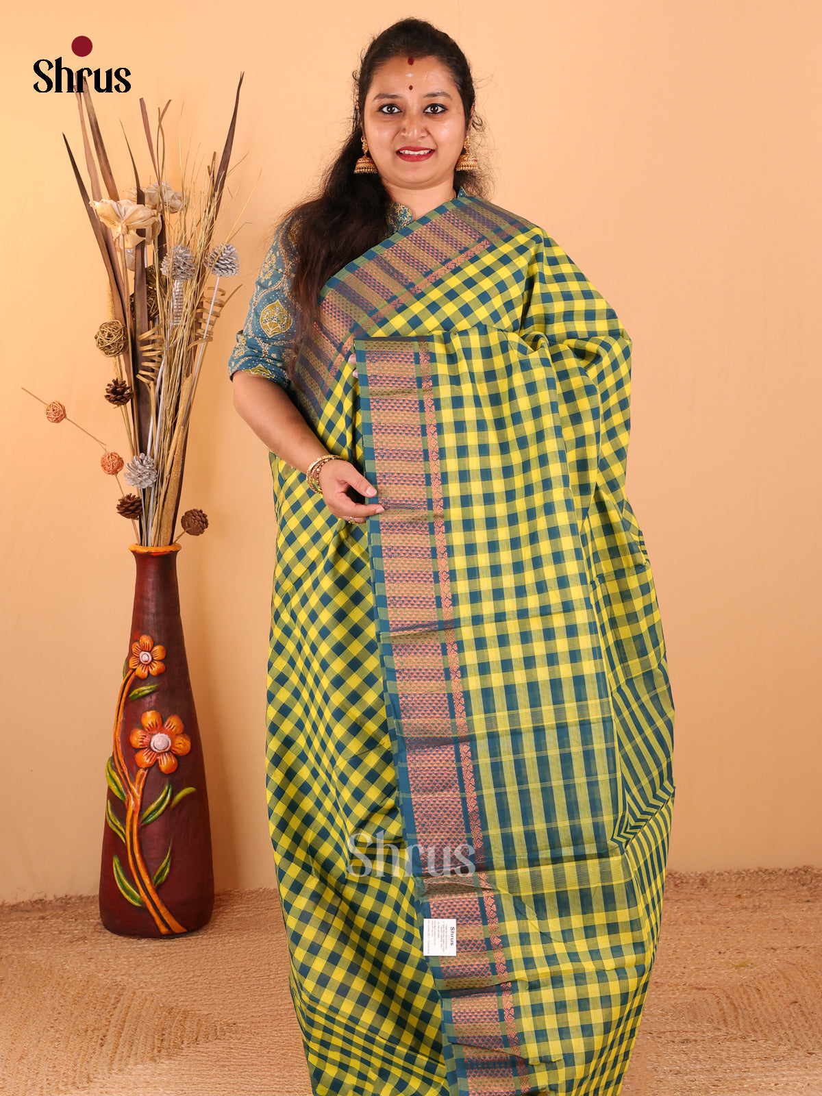 Lime yellow with Peacock Blue - Chettinad Cotton saree - DDS09228 - Shop on Shrus.com