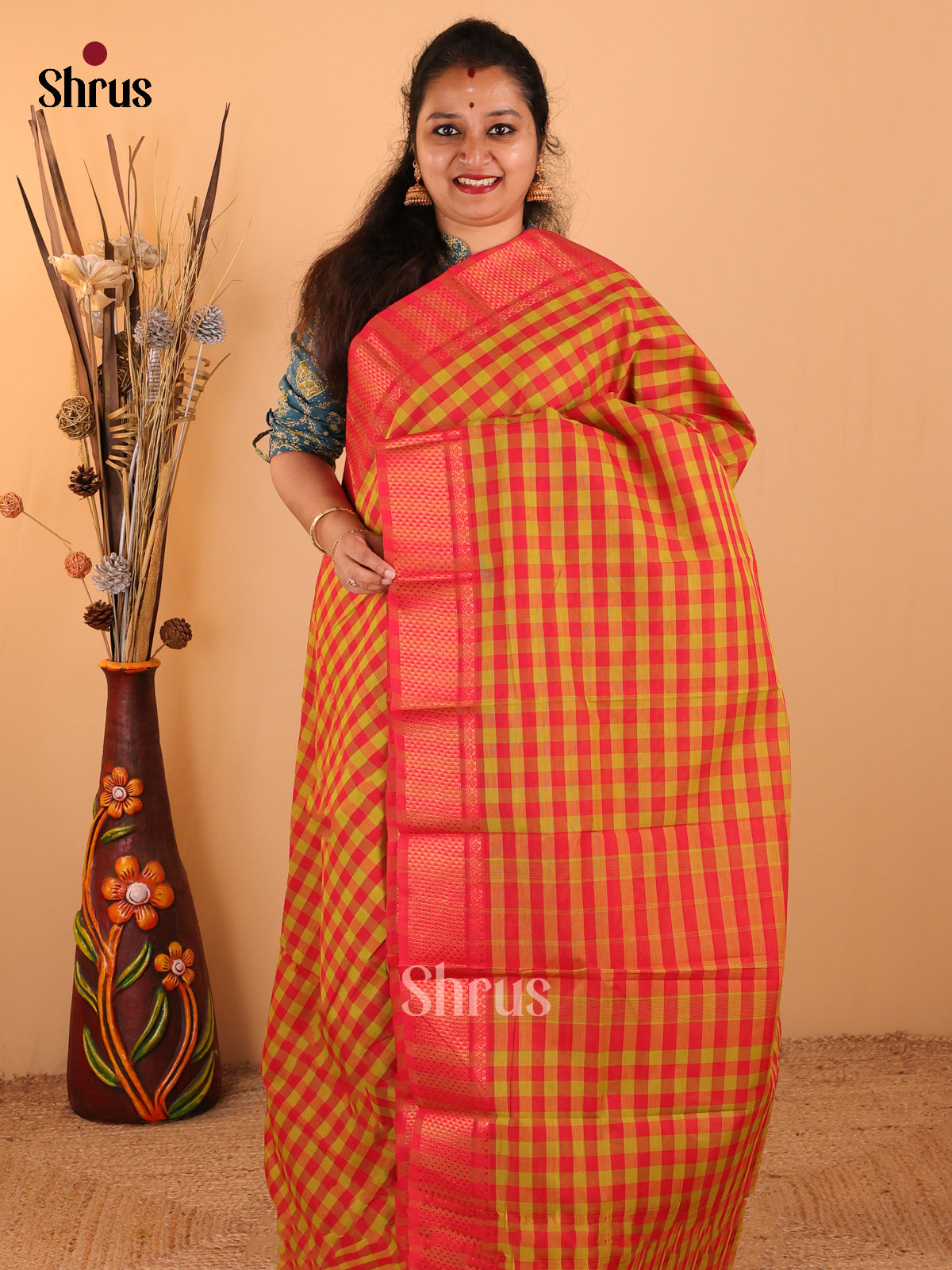 Parrot Green with red - Chettinad Cotton saree - DDS09230 - Shop on Shrus.com