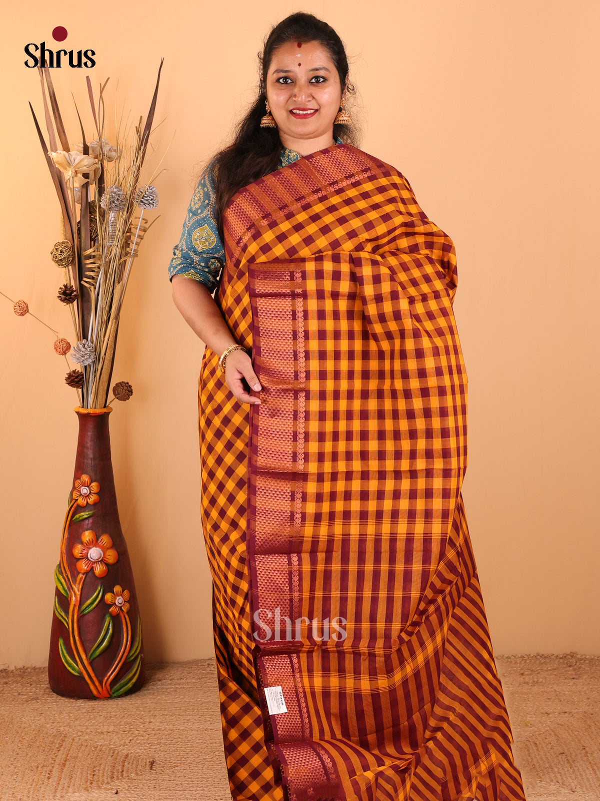 Mustard yellow with plum - Chettinad Cotton saree - DDS09231 - Shop on Shrus.com