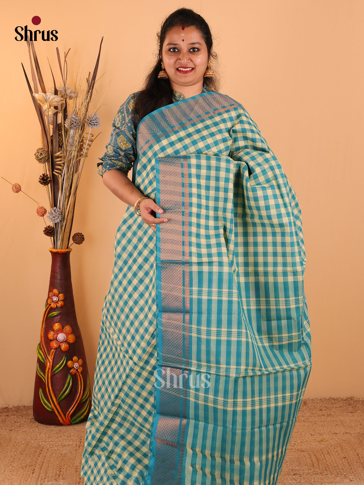 Peacock Blue with Sandal - Chettinad Cotton saree - DDS09232 - Shop on Shrus.com