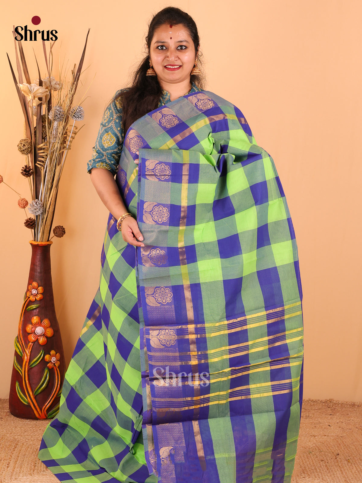 Neon Green with Royal Blue - Chettinad Cotton saree - DDS09236 - Shop on Shrus.com