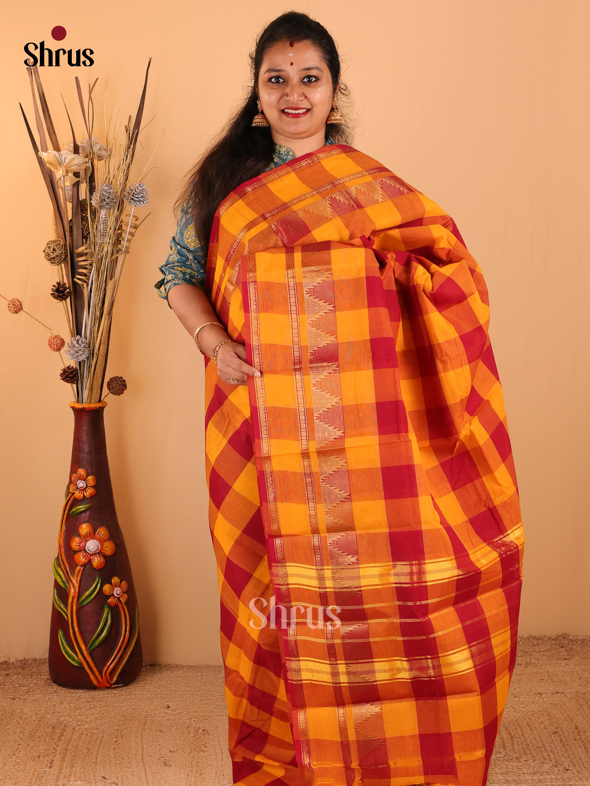 Maroon with Yellow - Chettinad Cotton saree - DDS09238 - Shop on Shrus.com
