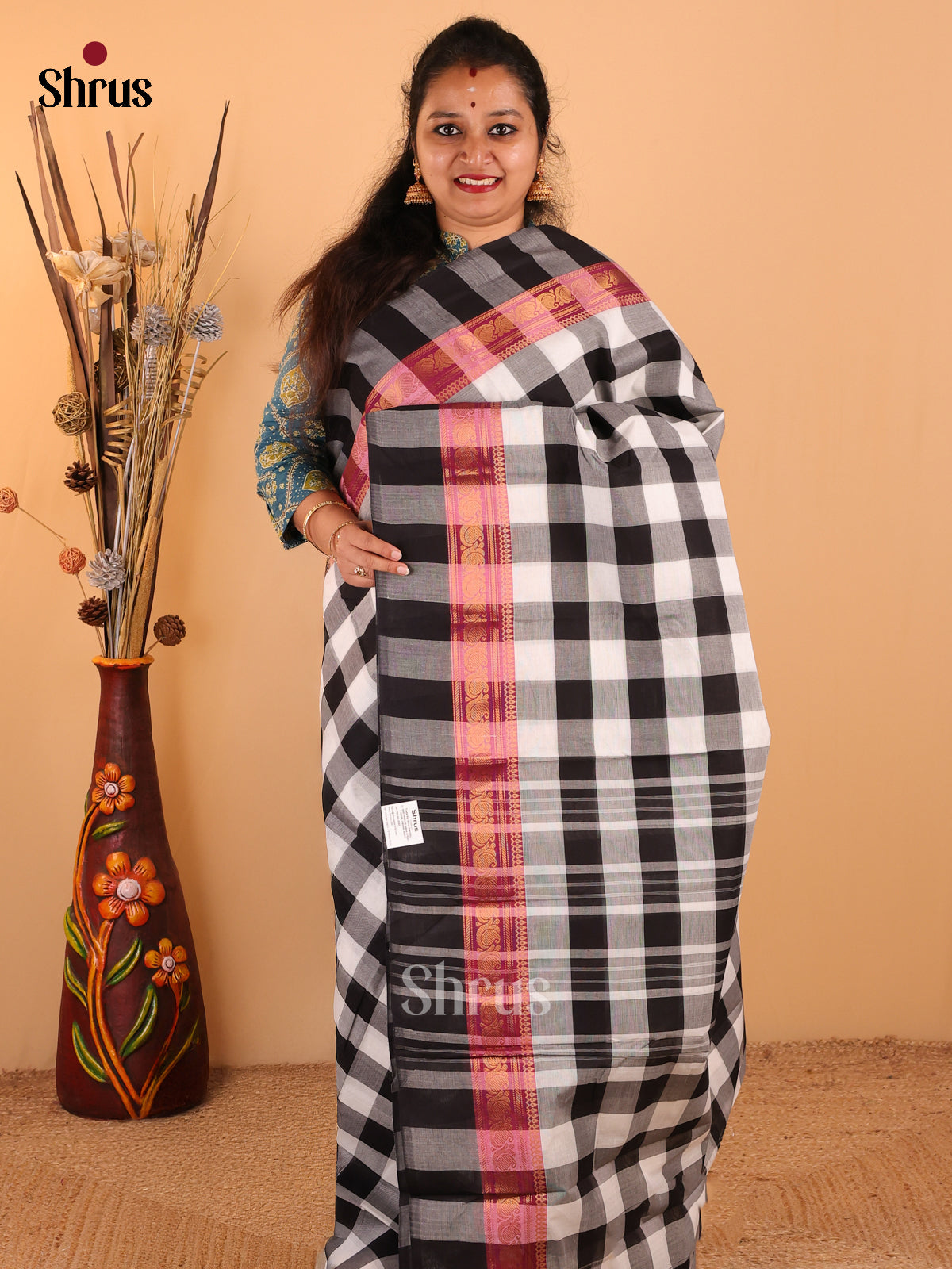 Black with white - Chettinad Cotton saree - DDS09241 - Shop on Shrus.com