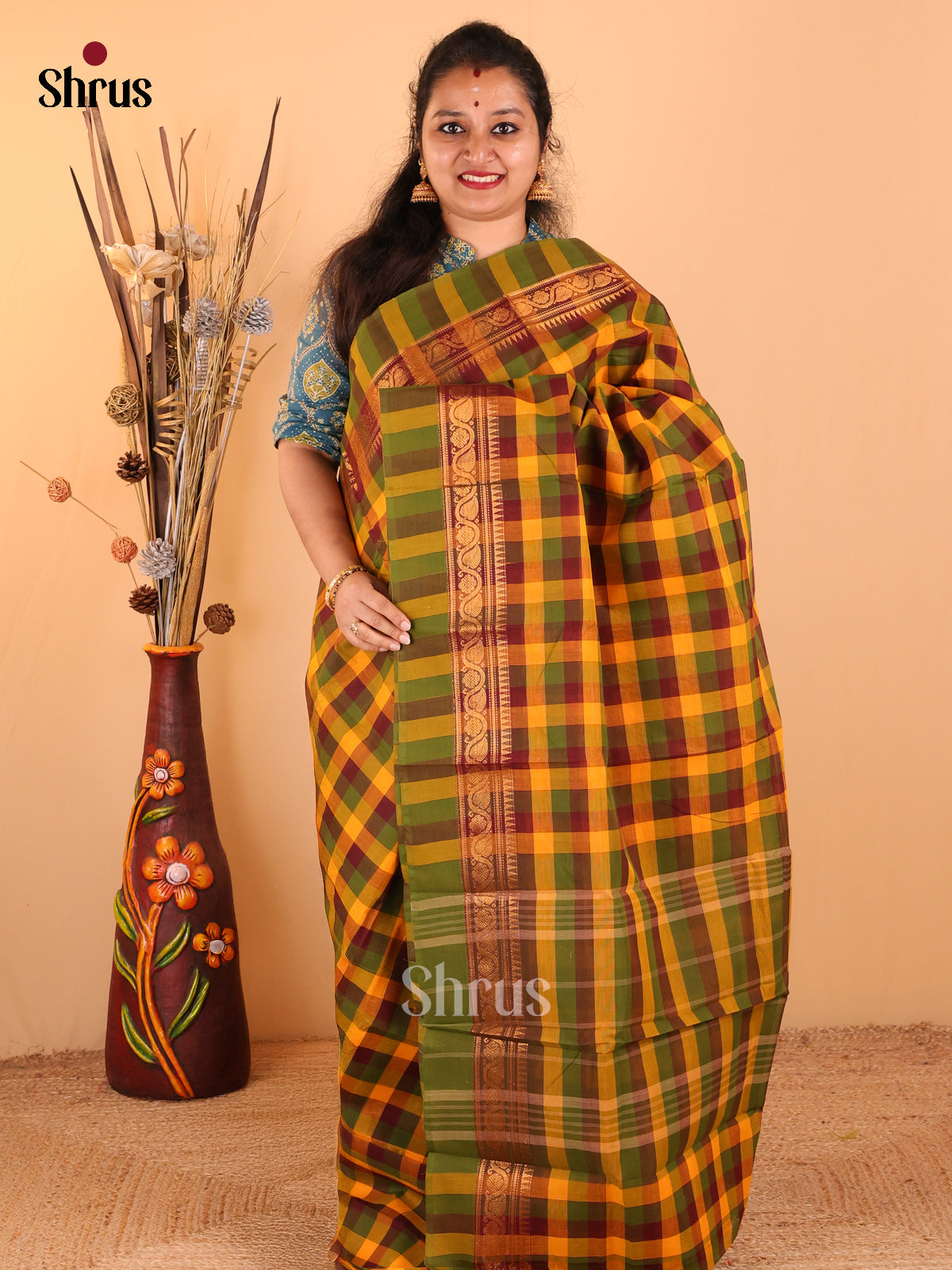 Mustrad yellow with olive green - Chettinad Cotton saree - DDS09242 - Shop on Shrus.com