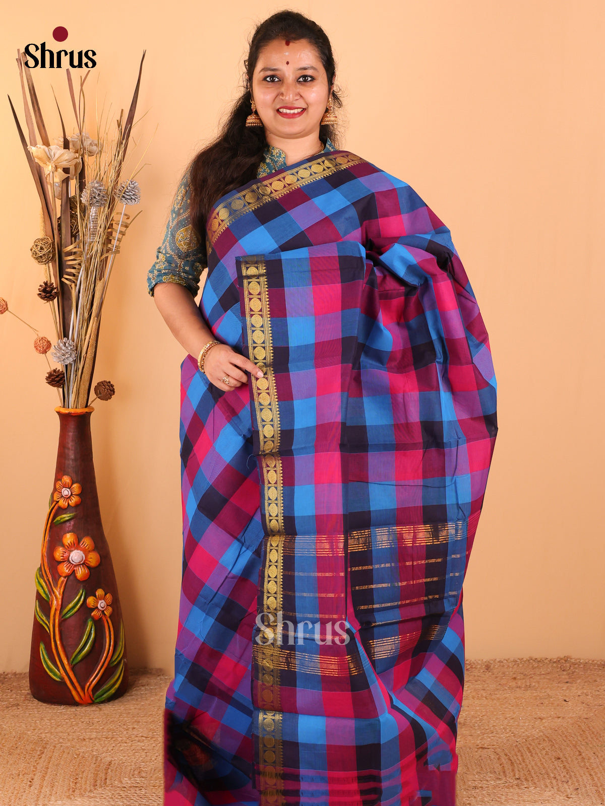 Rama blue with Pink - Chettinad Cotton saree - DDS09243 - Shop on Shrus.com