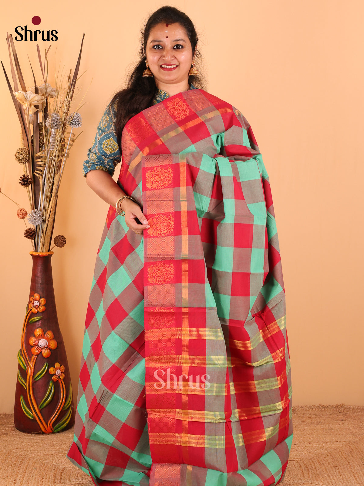 Pastel green with red - Chettinad Cotton saree - DDS09245 - Shop on Shrus.com