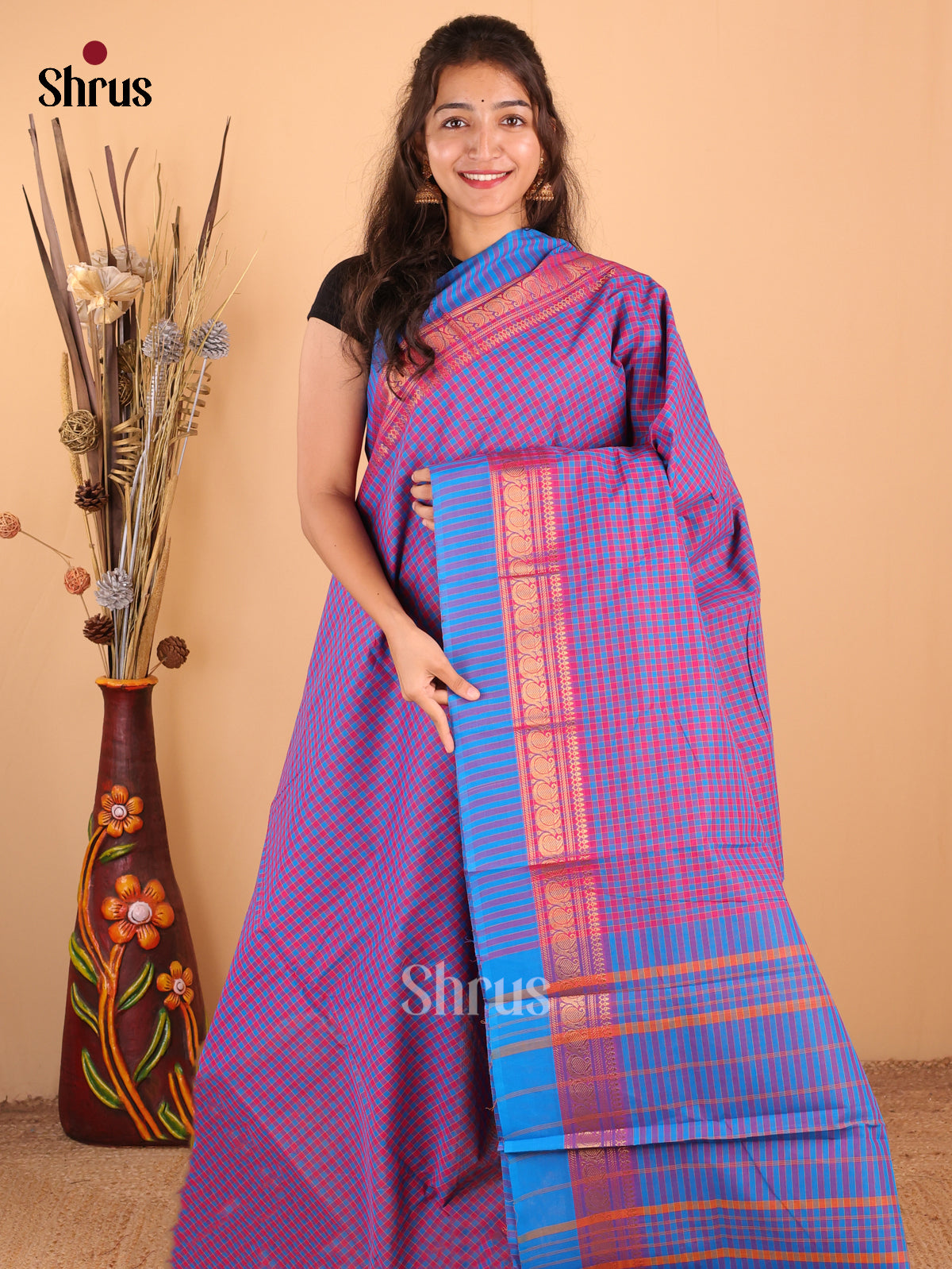 Rama Blue with Pink - Chettinad Cotton Saree - DDS09250 - Shop on Shrus.com