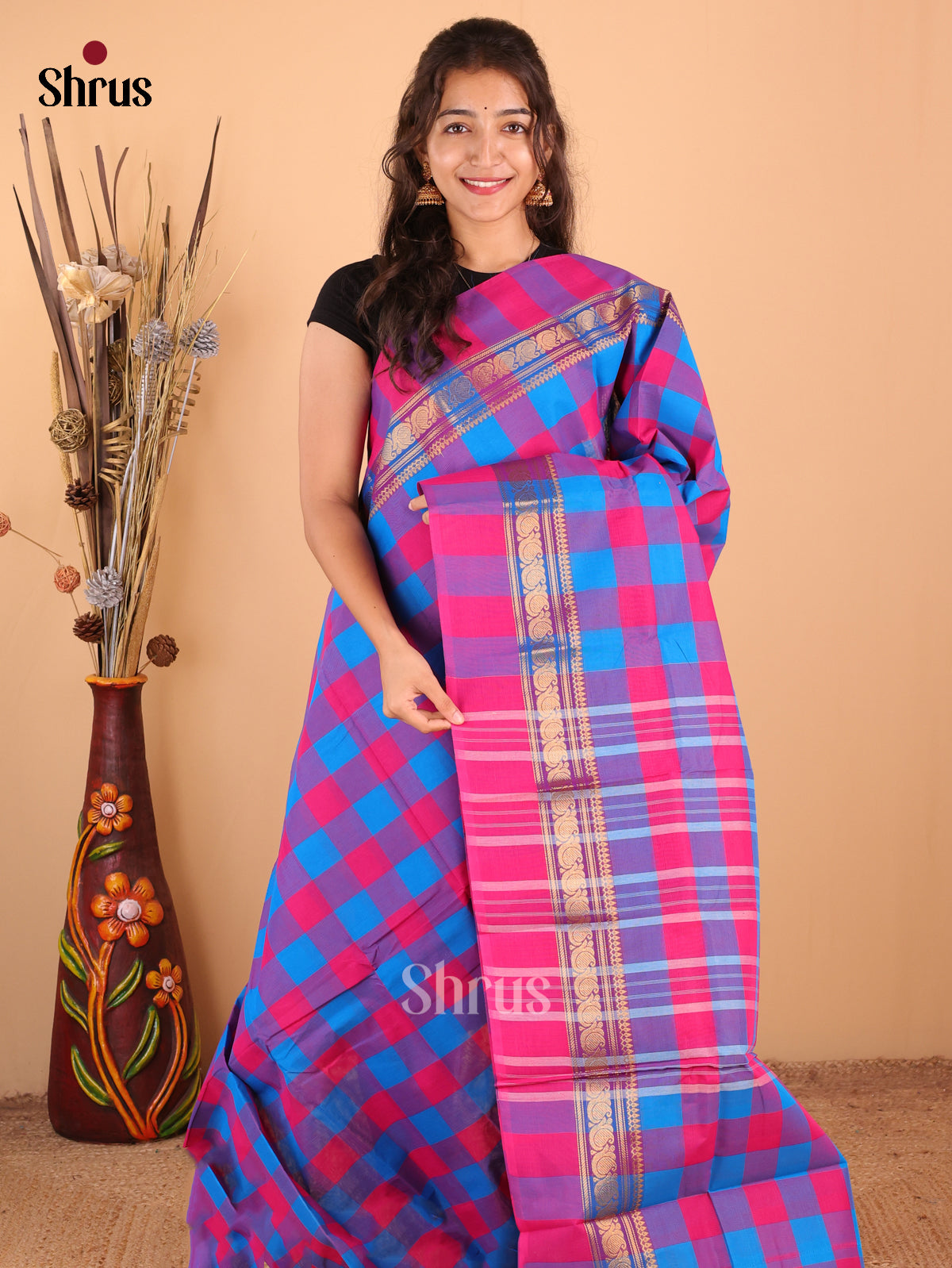 Rama Blue with Pink - Chettinad Cotton Saree - DDS09252 - Shop on Shrus.com