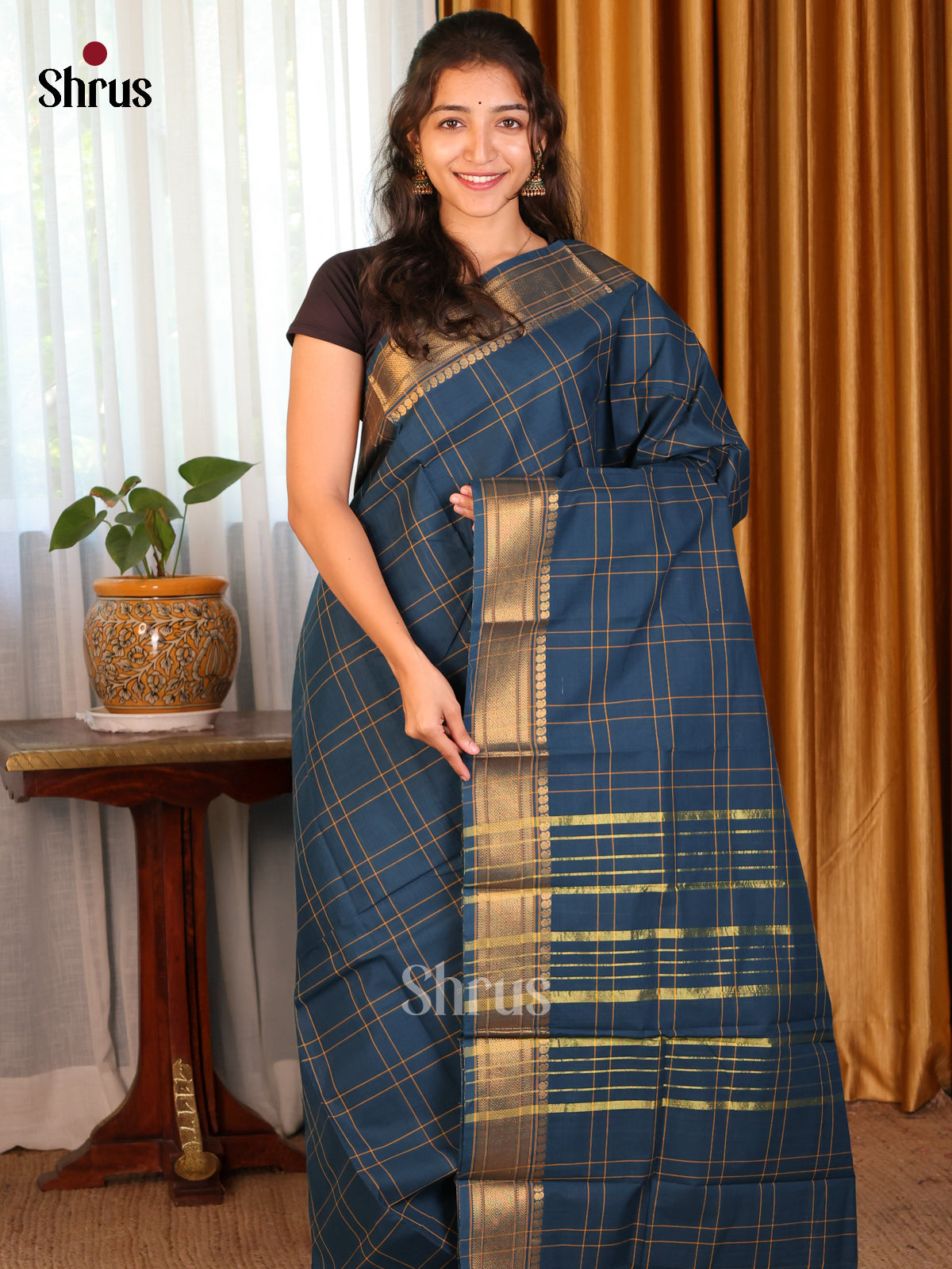 Blue - DDS09253 - Chettinad Cotton Saree - Shop on Shrus.com