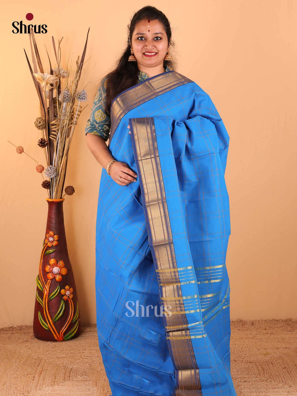Rama blue - Chettinad Cotton saree - DDS09254 - Shop on Shrus.com